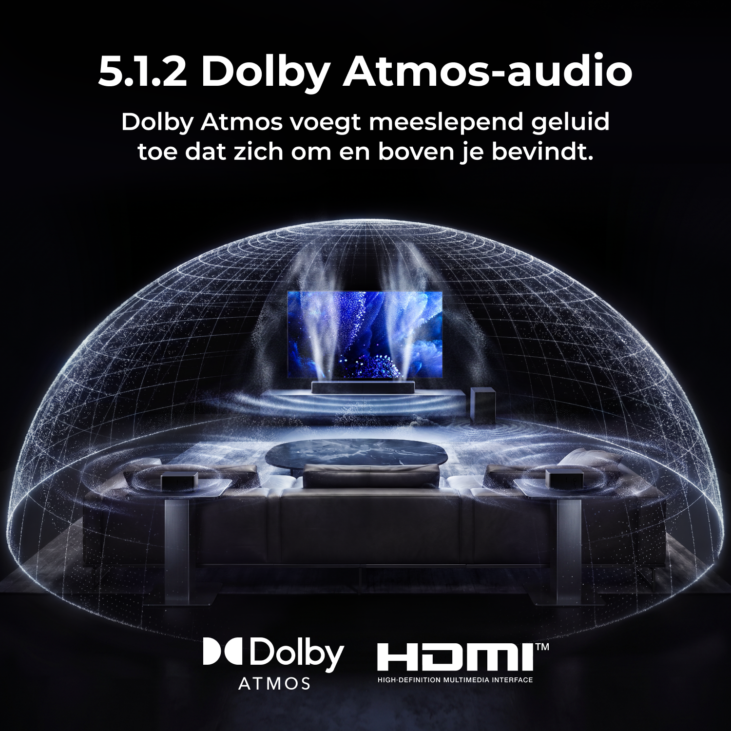 Woonkamer met tv en bank onder een transparante audio-koepel die Dolby Atmos toont.