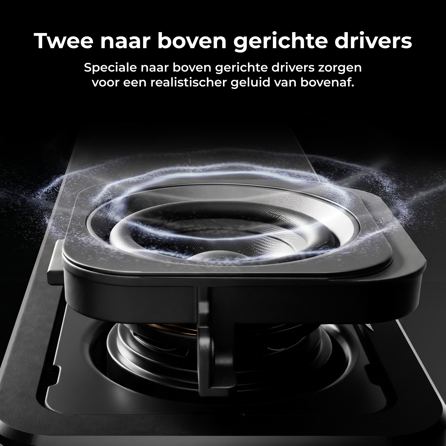 Naar boven gerichte luidsprekerdriver met geluidsgolven en tekst.
