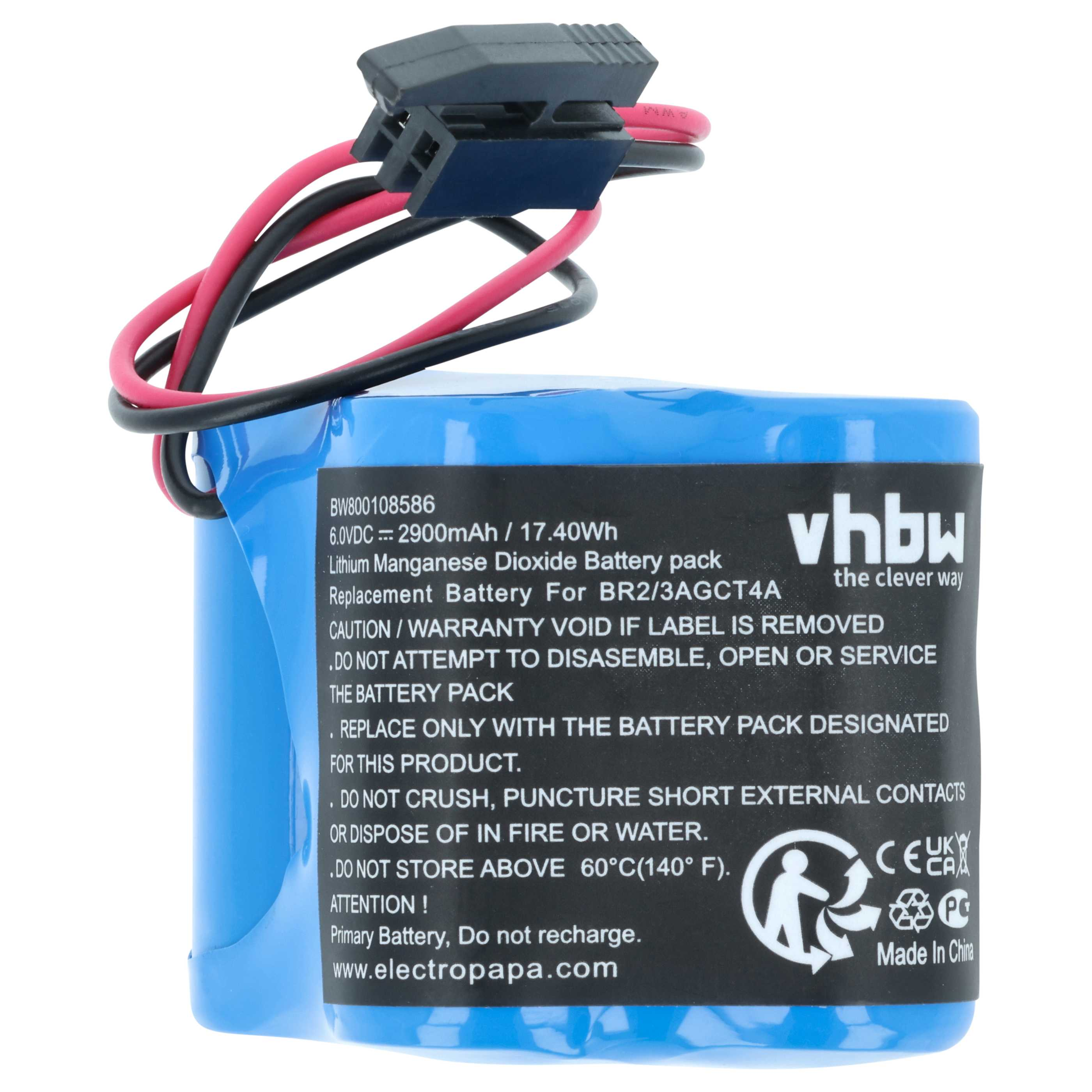 Ein blauer vhbw Lithium-Mangandioxid-Akku mit roten und schwarzen Kabeln und einem Steckverbinder vor weißem Hintergrund.