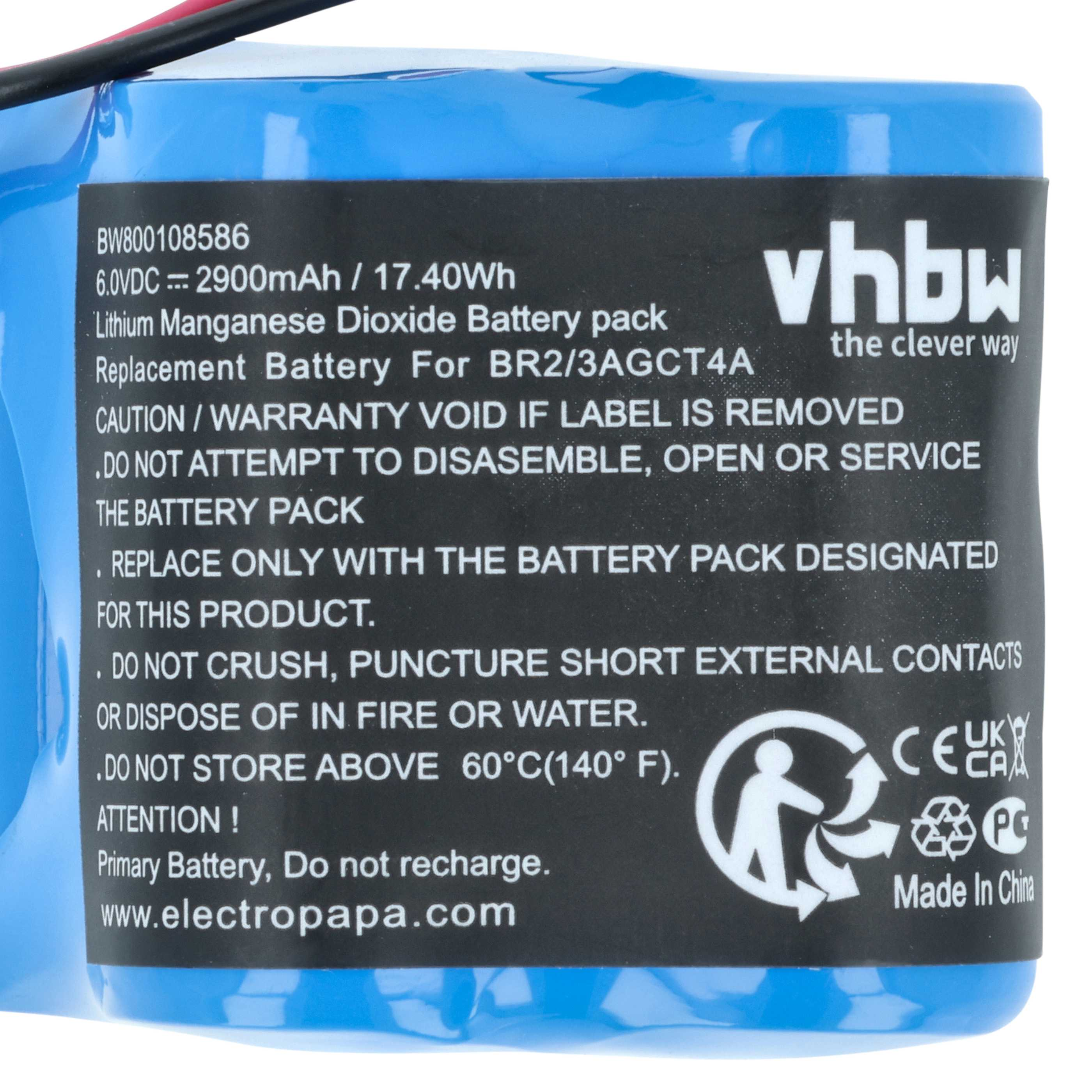 Blaue vhbw Lithium-Mangan-Dioxid-Batterie mit Warnhinweisen und technischen Daten auf dem Etikett.