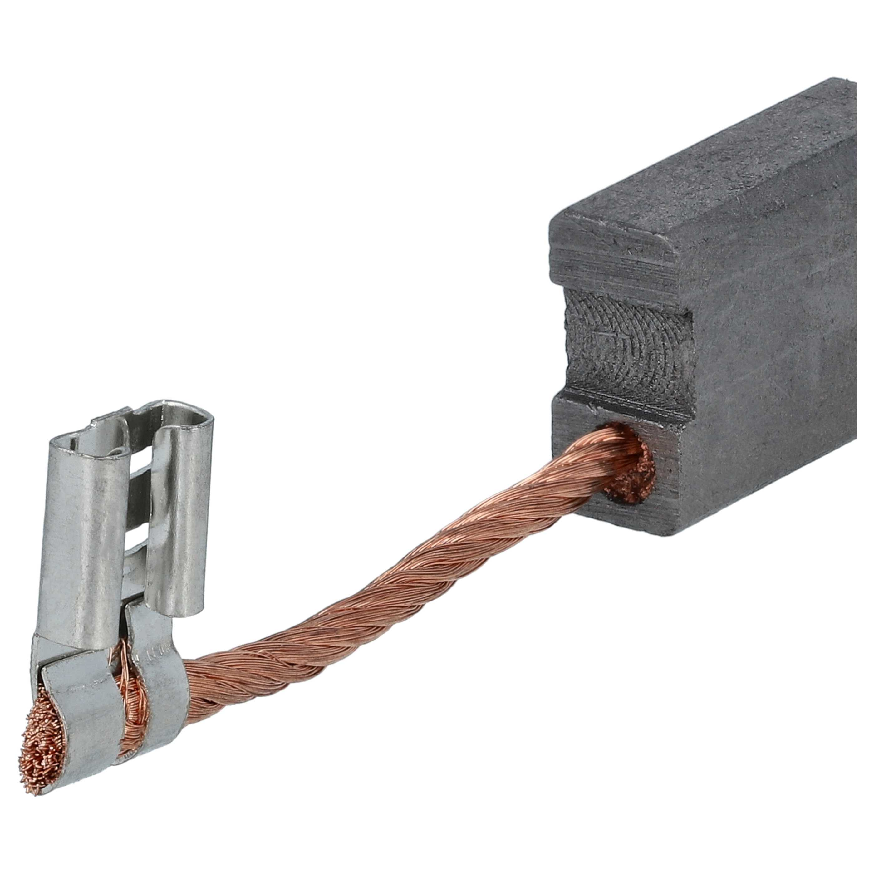 Eine rechteckige, graue Kohlebürste mit einem kupfernen Anschlusskabel und einem Metallstecker.