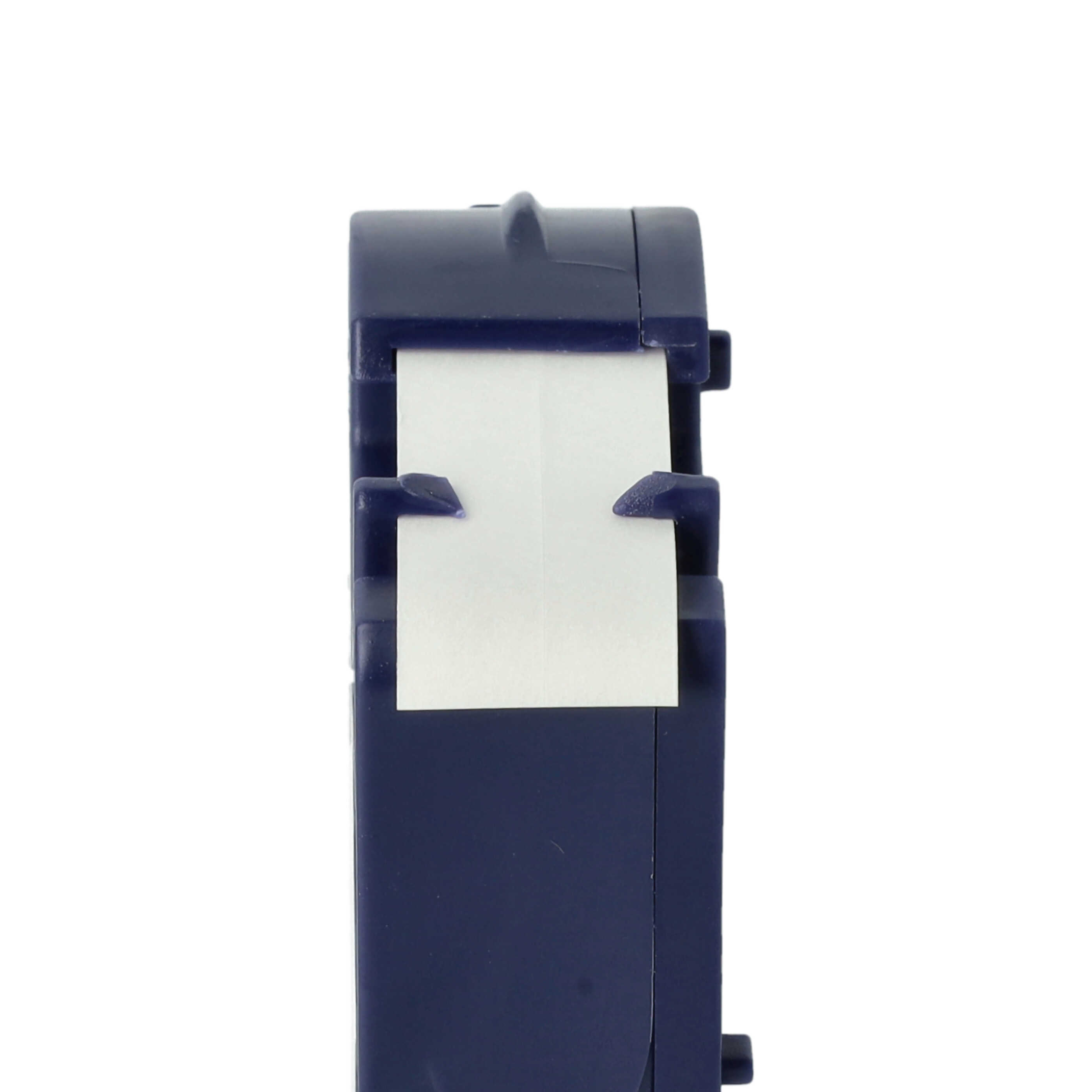 Nahaufnahme einer blauen Etikettendruckerkassette aus Kunststoff mit einem weißen Etikettenstreifen.