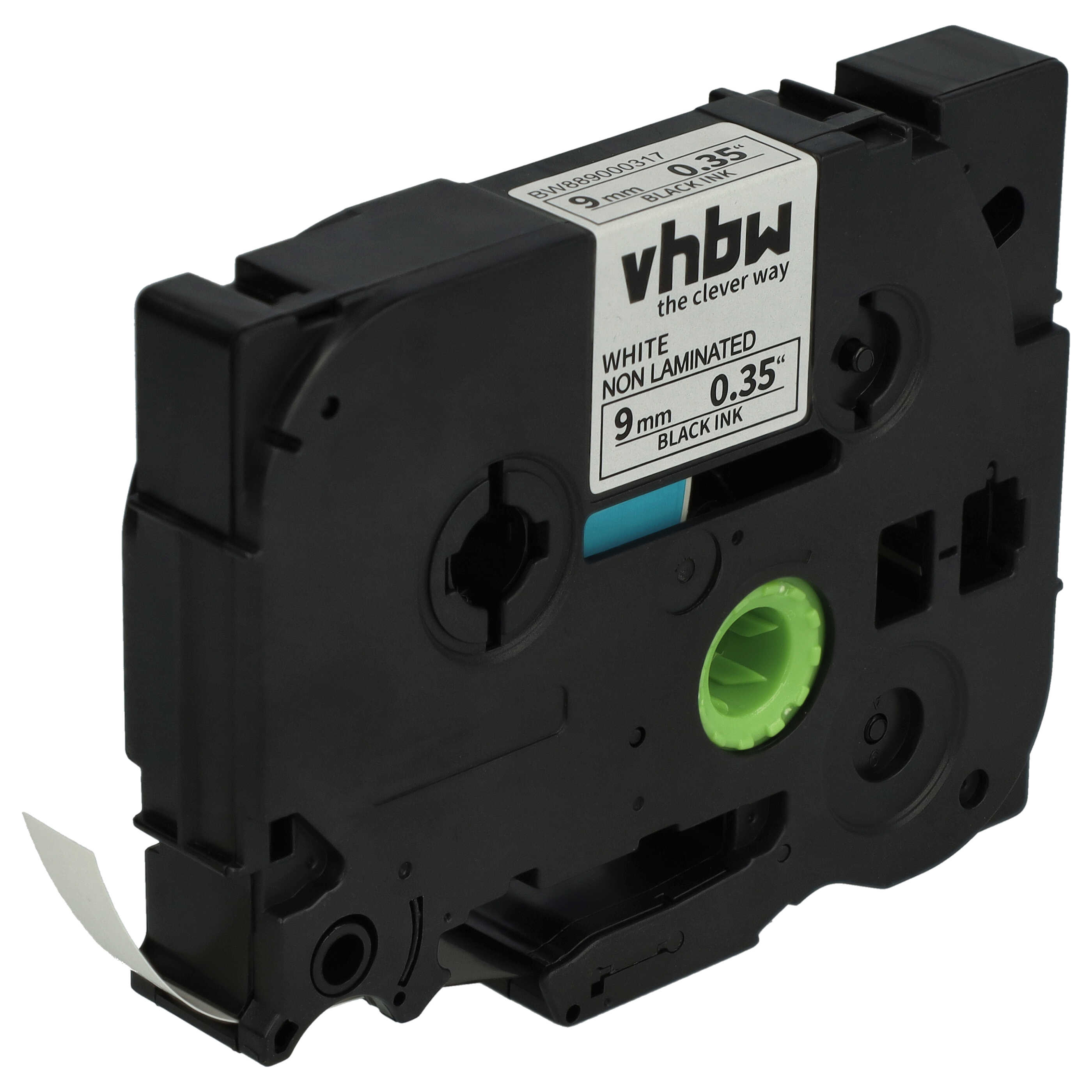Eine schwarze Etikettenkassette mit weißem Etikett vhbw, weiß, nicht laminiert, 9mm, schwarze Tinte.