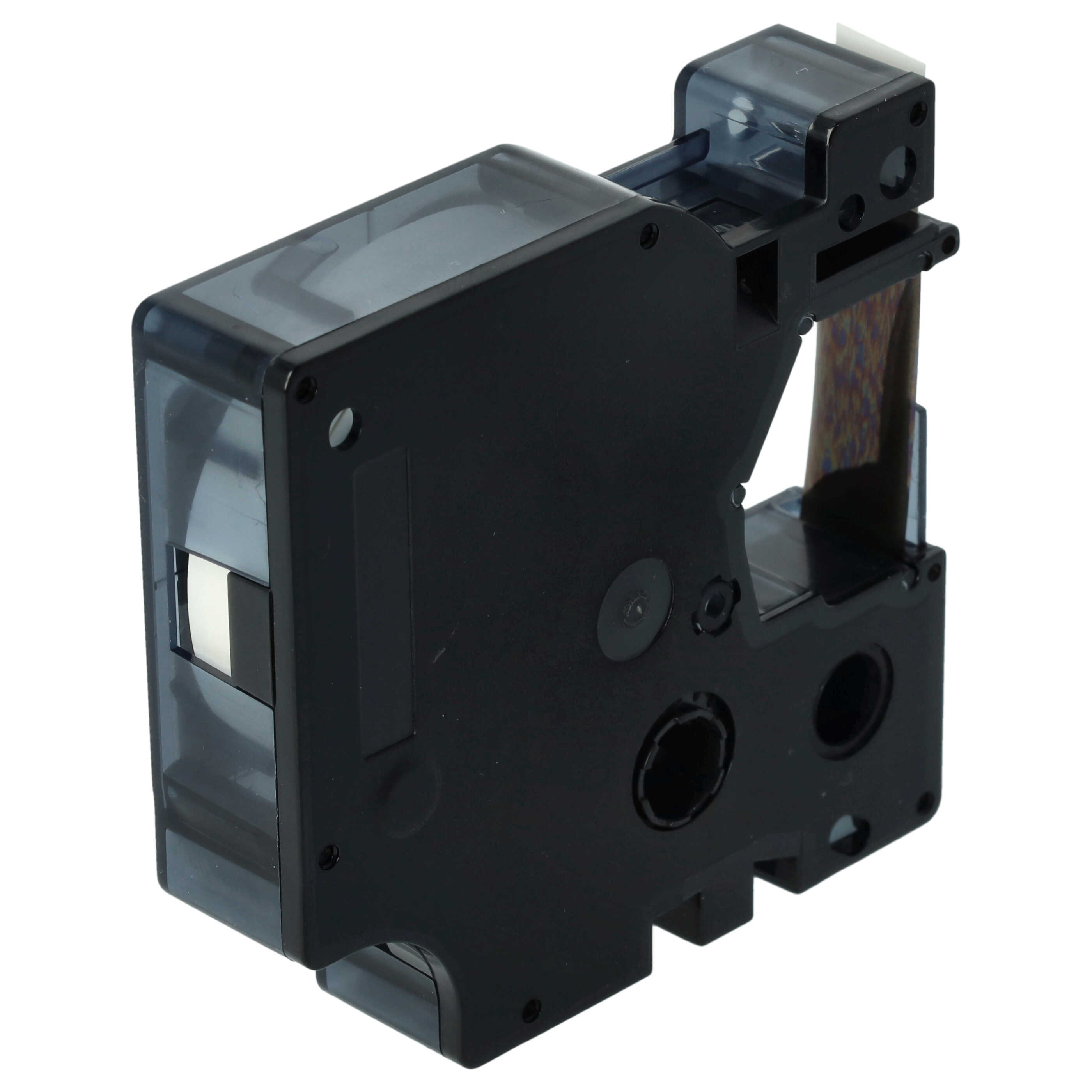 Eine schwarze Etikettendrucker-Kassette aus Kunststoff mit transparentem Gehäuse und sichtbarem Farbband.