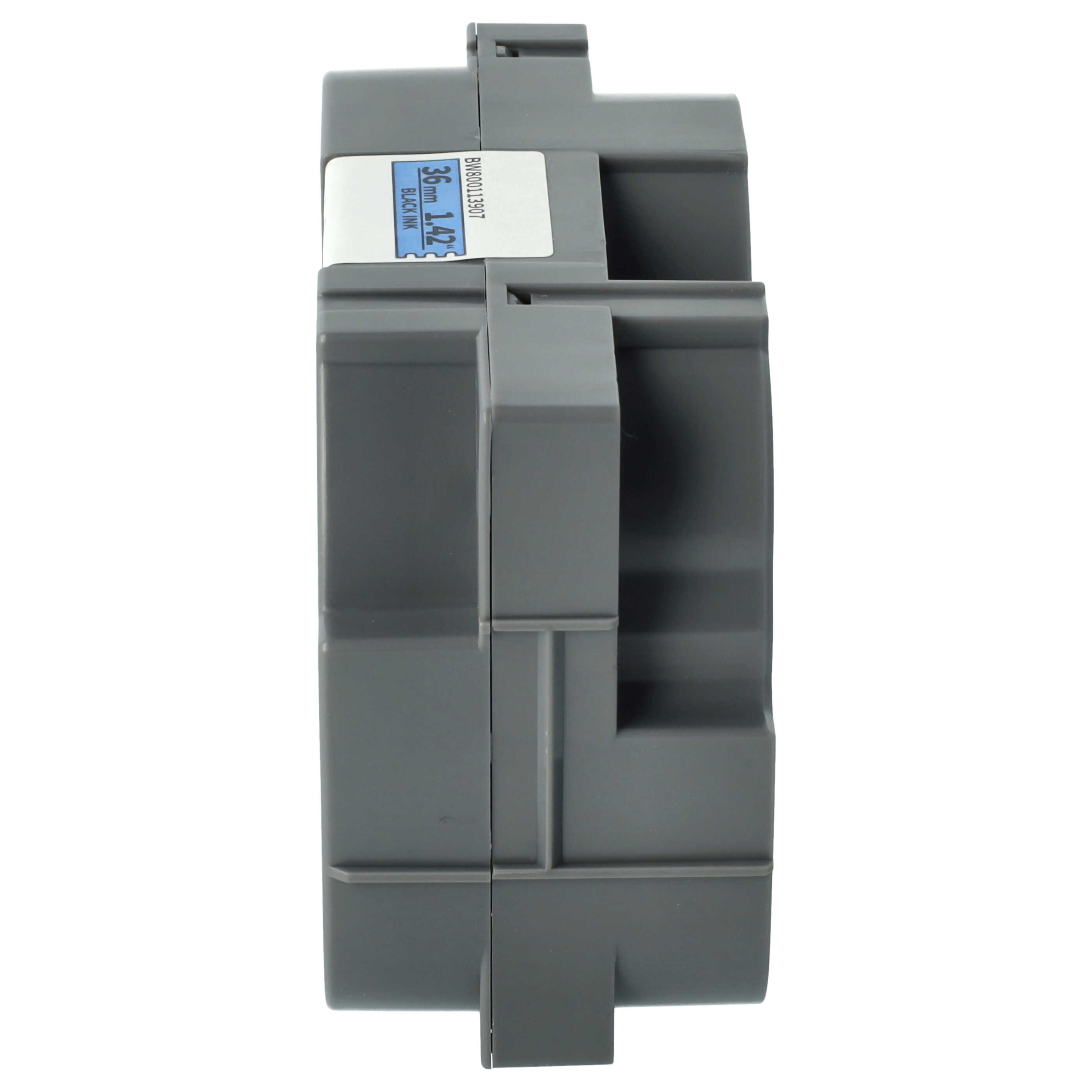 Eine graue Plastikkassette mit einem Etikett für schwarze Tinte auf weißem Hintergrund.
