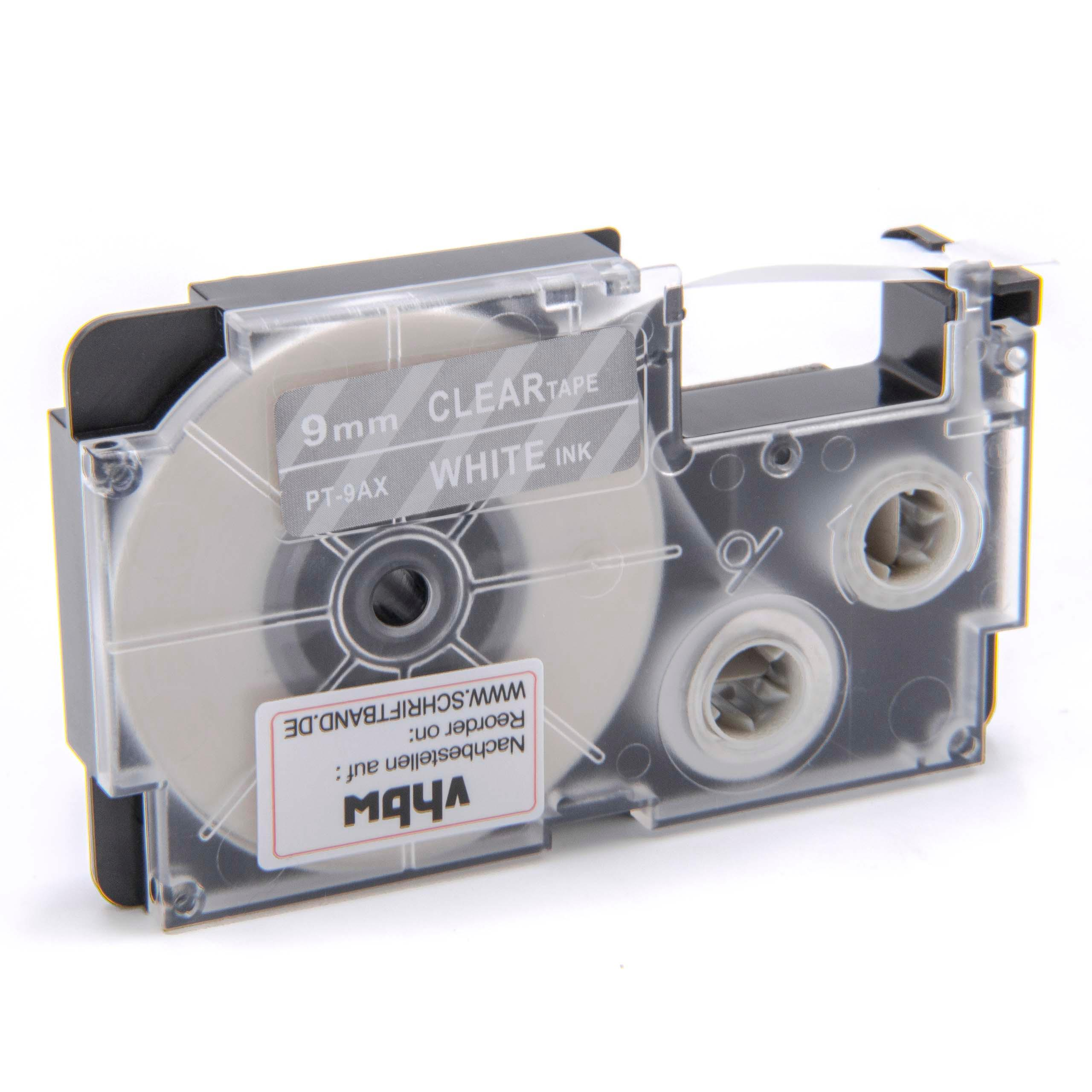 Eine schwarze und transparente Schriftbandkassette mit weißen Band und vhbw-Aufkleber auf weißem Hintergrund.