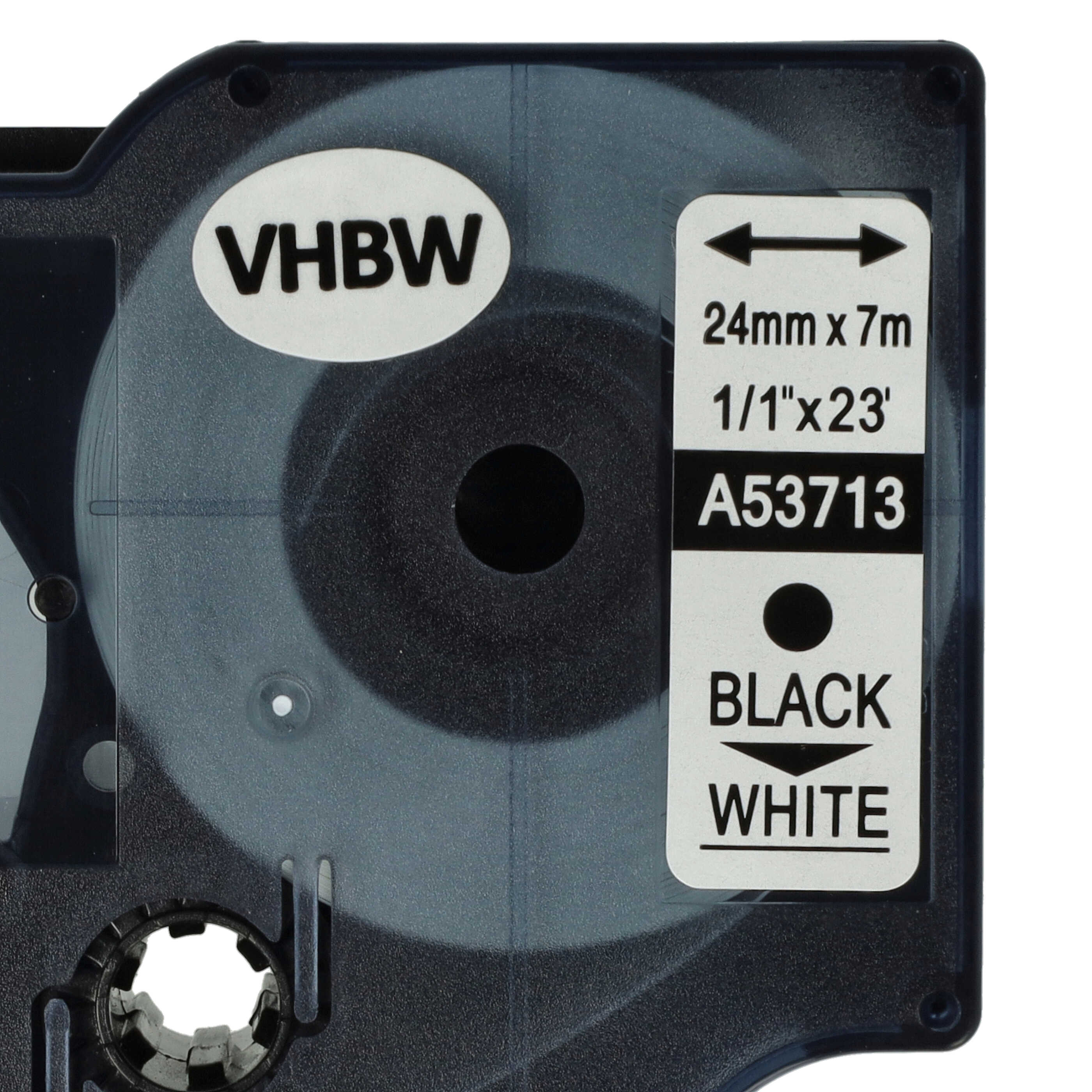 Eine schwarze Etikettenkassette mit VHBW-Logo, Größe 24mm x 7m und schwarz auf weißem Text.