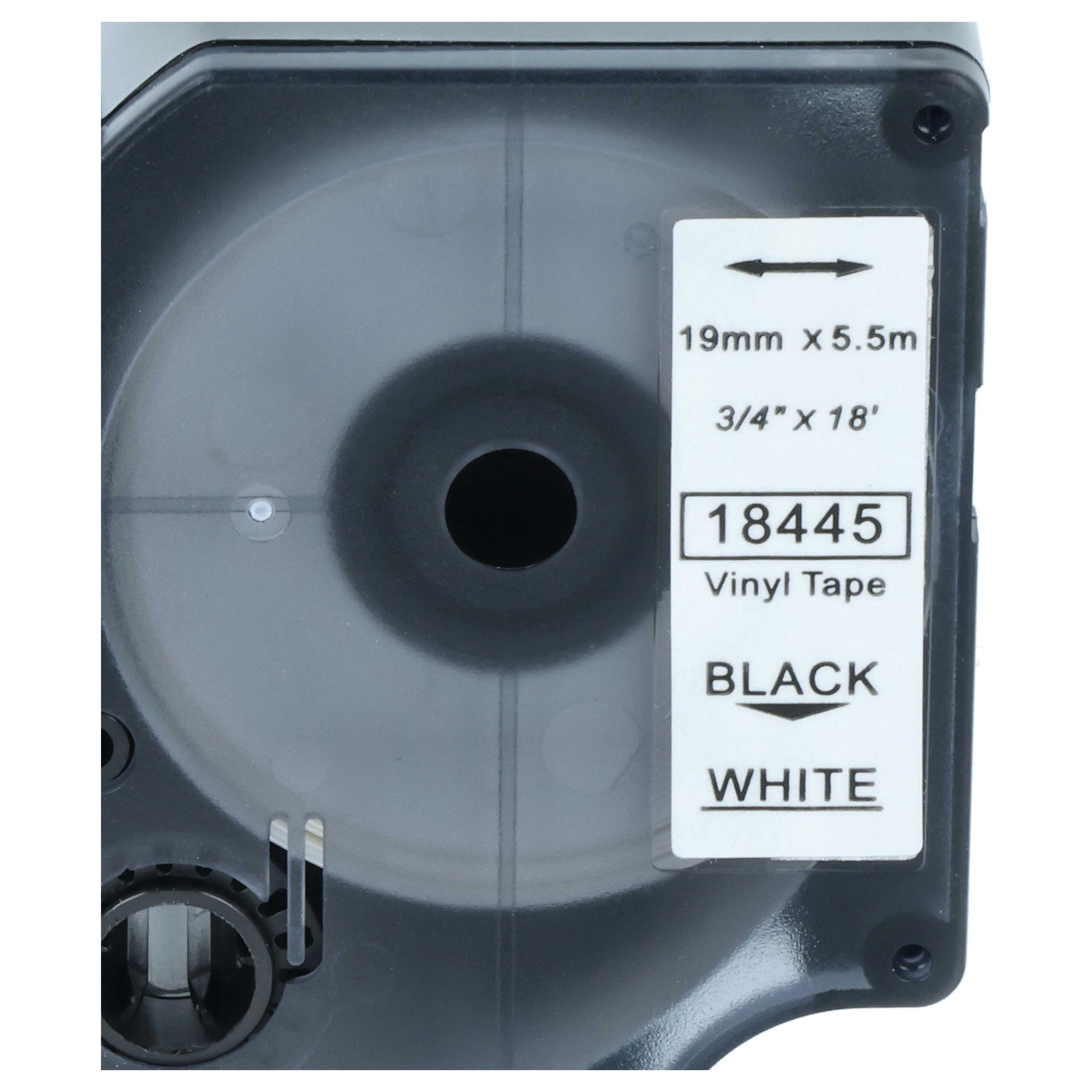 Eine schwarze Vinyl-Bandkassette mit weißem Etikett, Größe 19mm x 5.5m und Code 18445.