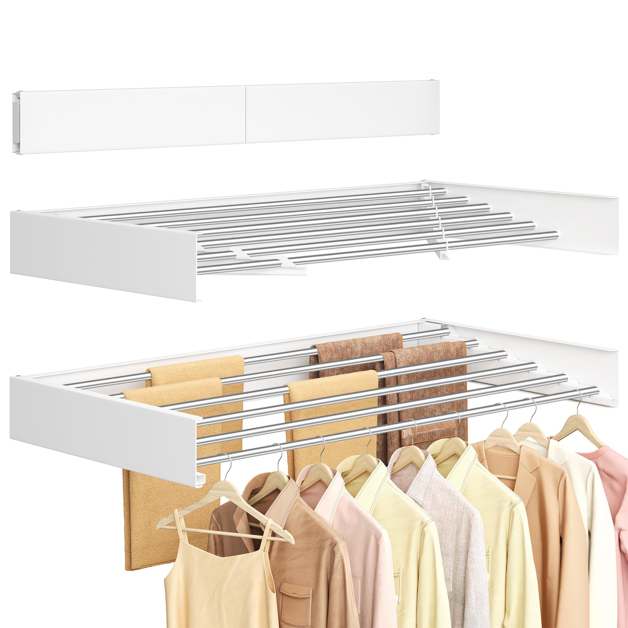 Wandmontierter Wäschetrockner mit mehreren Metallstangen, Handtüchern und Kleiderbügeln.