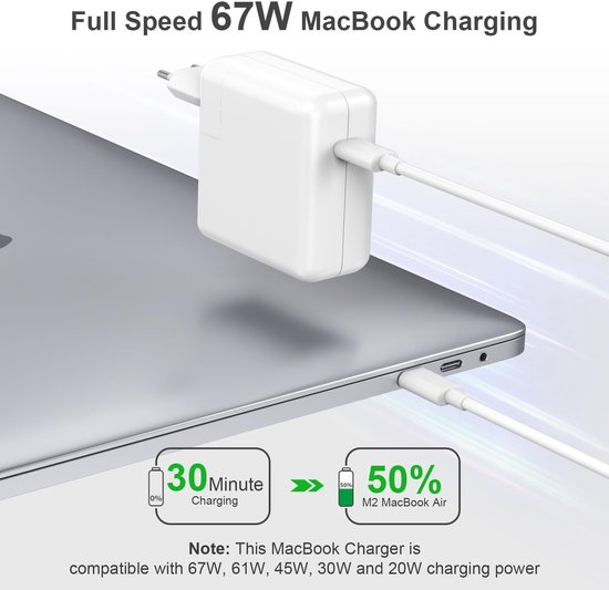 Ein weißes 67W MacBook-Ladegerät lädt einen Laptop auf, mit Grafiken, die 50 Prozent in 30 Minuten anzeigen.