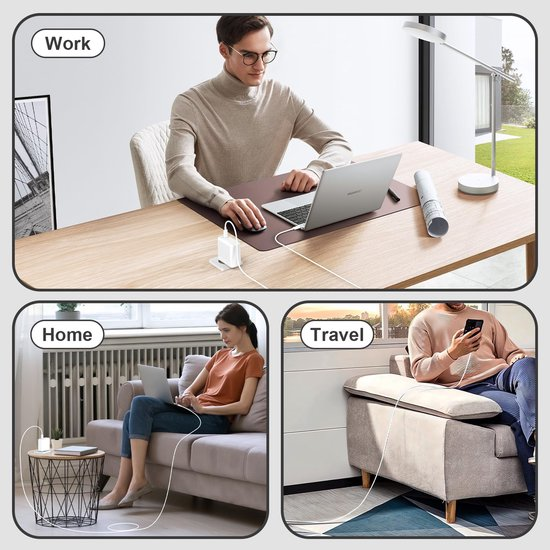 Ein weißes Ladegerät lädt Geräte in drei Szenarien: Arbeit, Zuhause und auf Reisen.