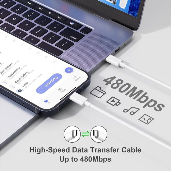 Ein weißes Hochgeschwindigkeits-Datenkabel verbindet ein Smartphone mit einem Laptop, mit Text 480Mbps.