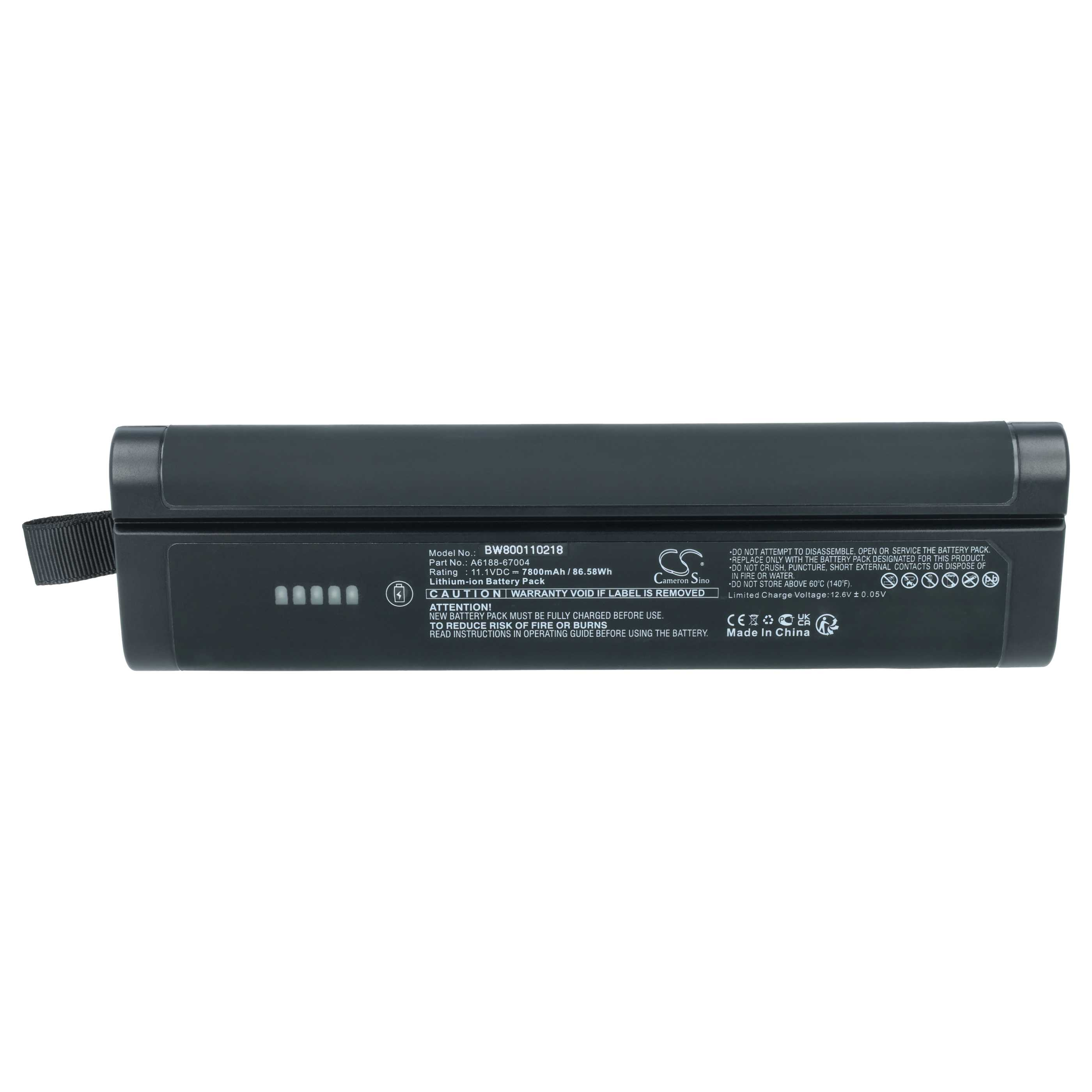 Ein schwarzer Lithium-Ionen-Akku mit technischen Daten und Sicherheitshinweisen auf dem Etikett.