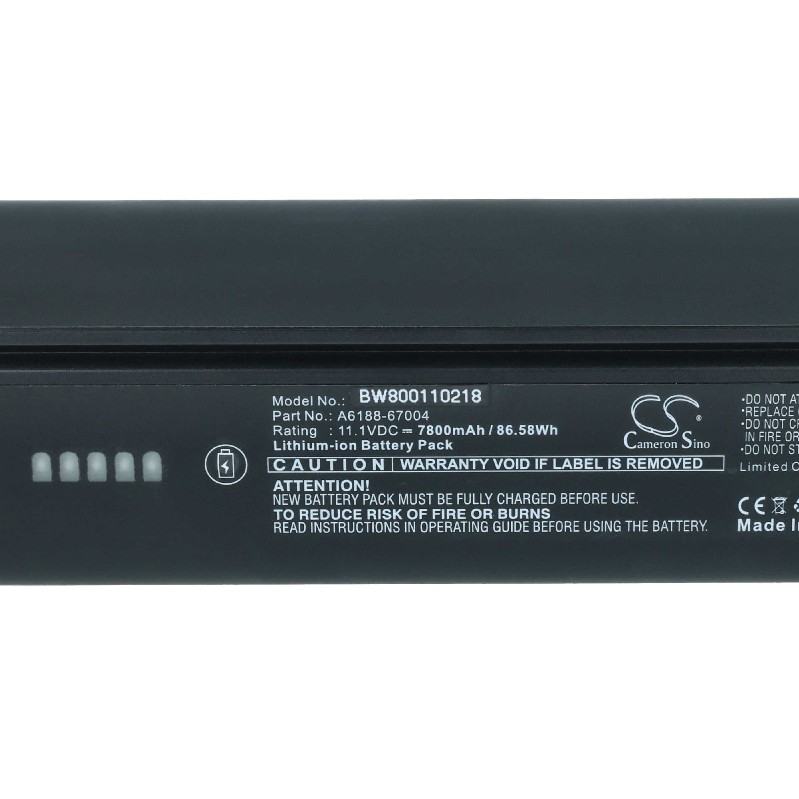 Etikett auf einem schwarzen Lithium-Ionen-Akku mit technischen Daten und Sicherheitshinweisen.