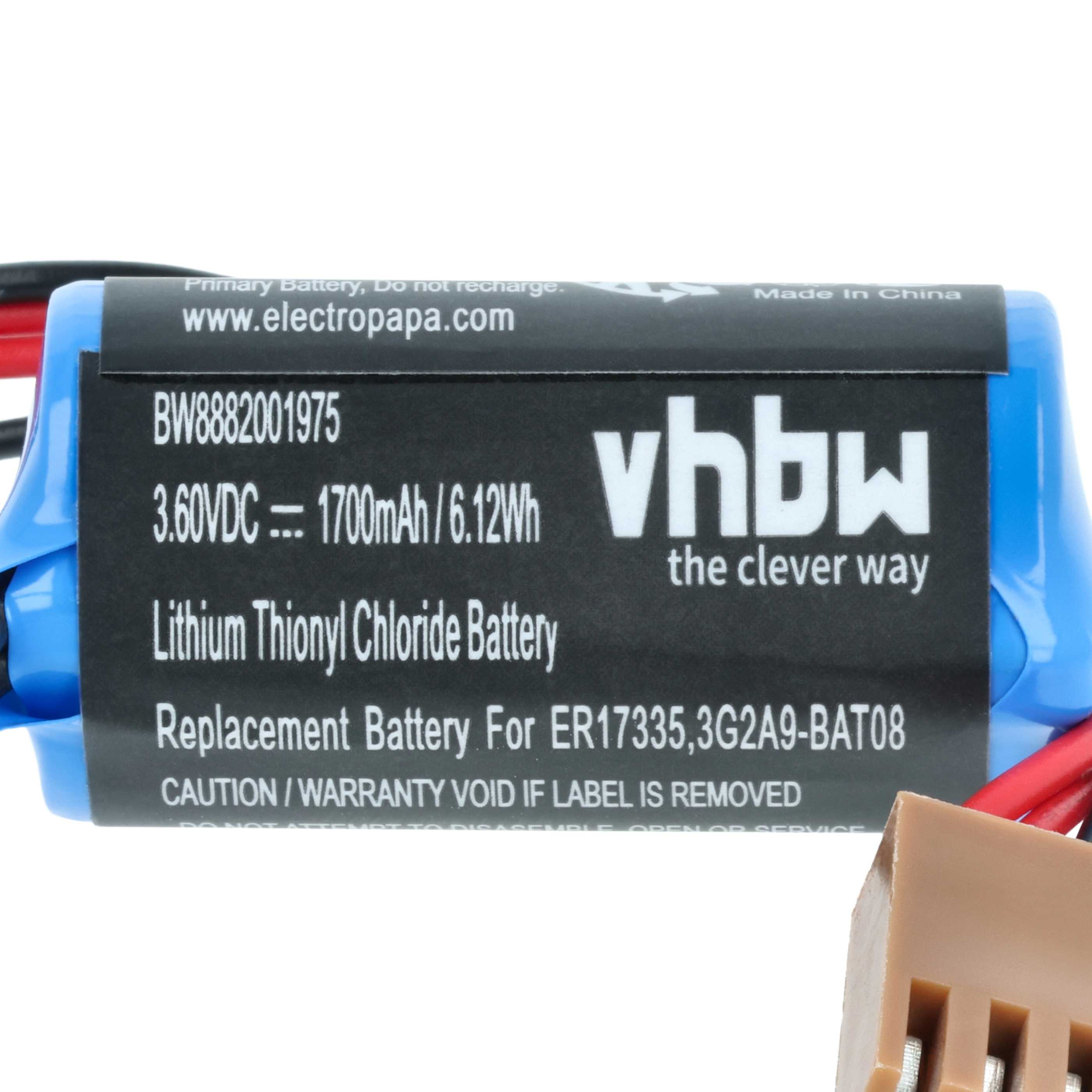 Eine blaue vhbw Lithium-Thionylchlorid-Ersatzbatterie mit technischen Daten und einem braunen Stecker.