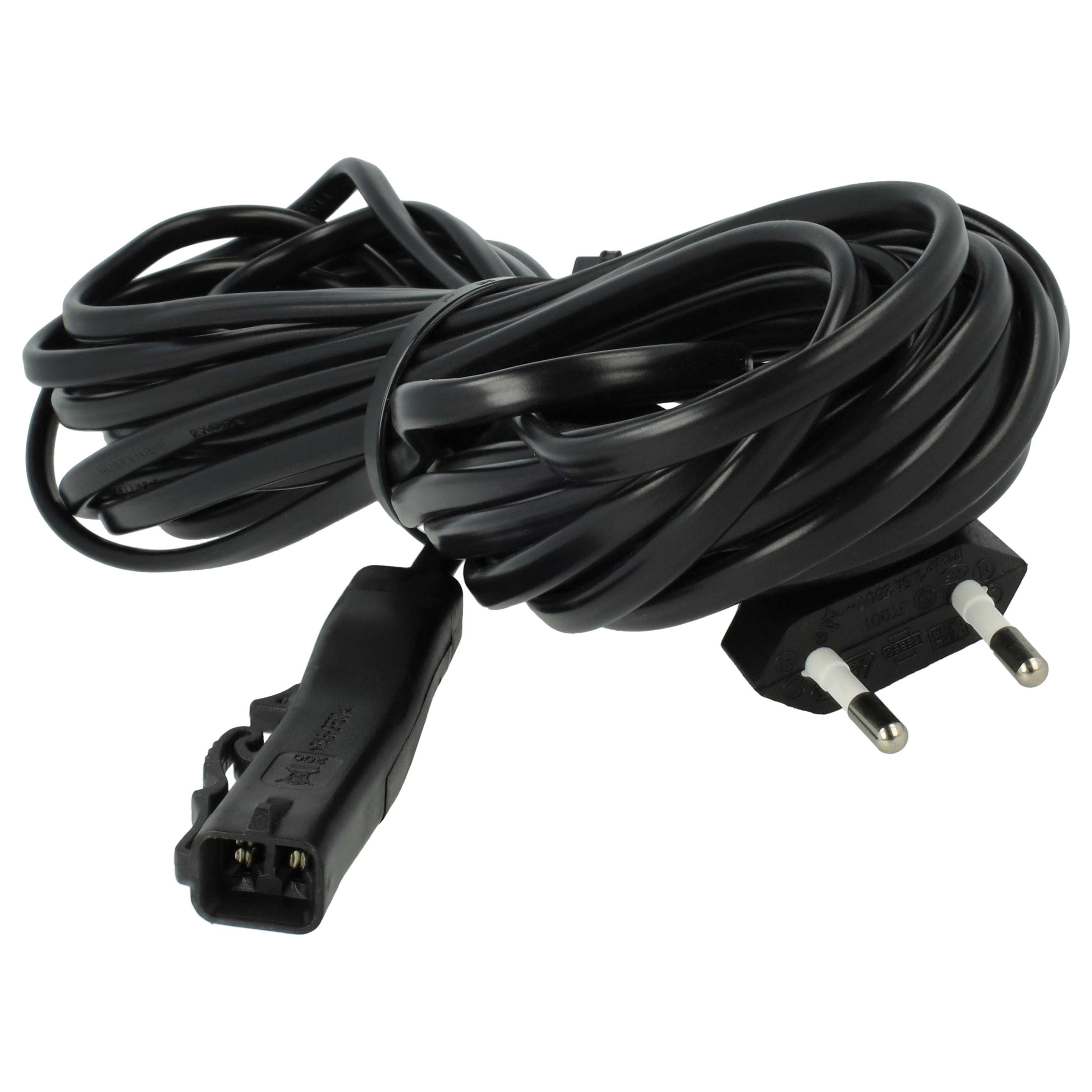 Ein zusammengerolltes schwarzes Netzkabel mit einem Stecker und einer Buchse auf weißem Hintergrund.