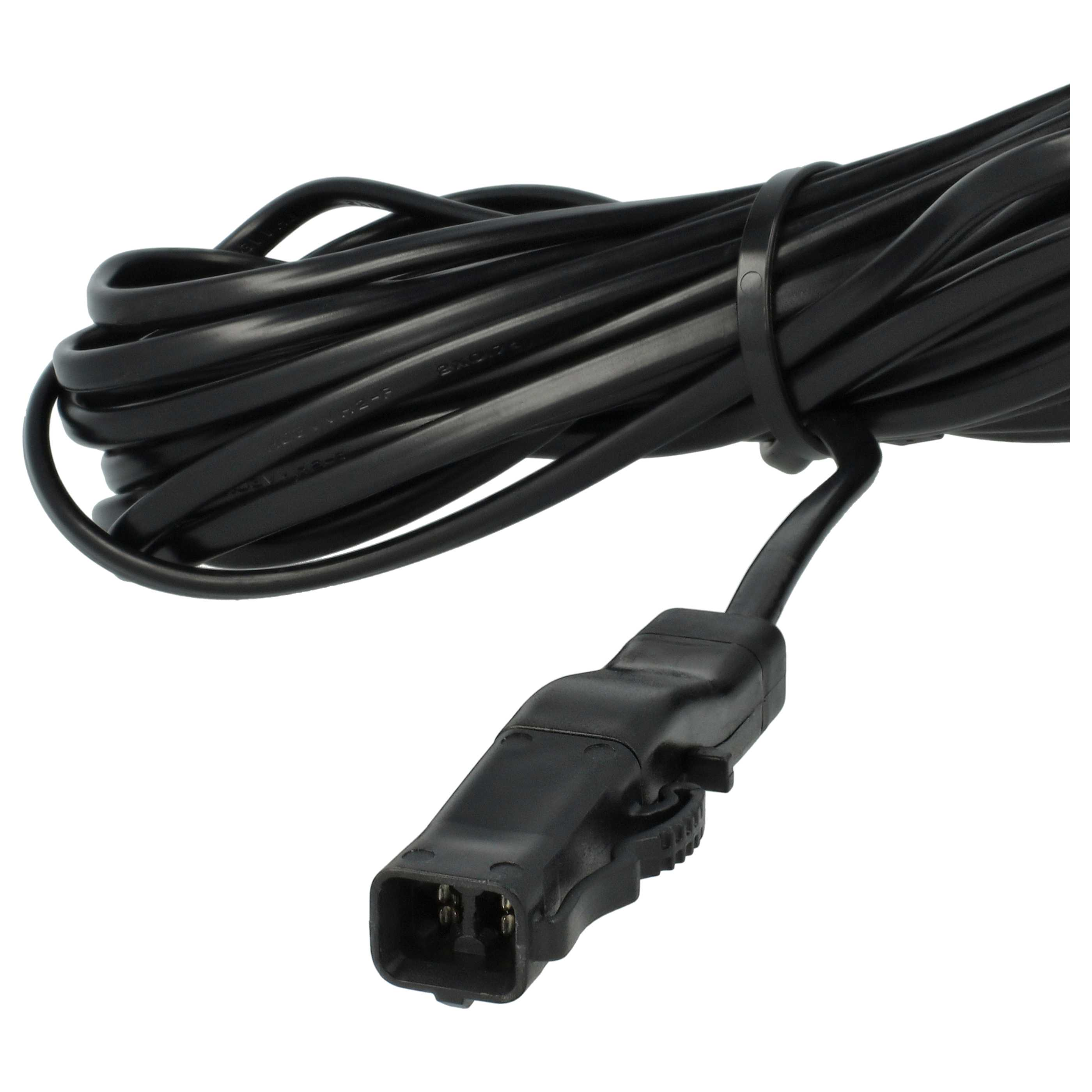 Ein schwarzes, aufgewickeltes Verlängerungskabel mit zweipoligem Stecker vor weißem Hintergrund.