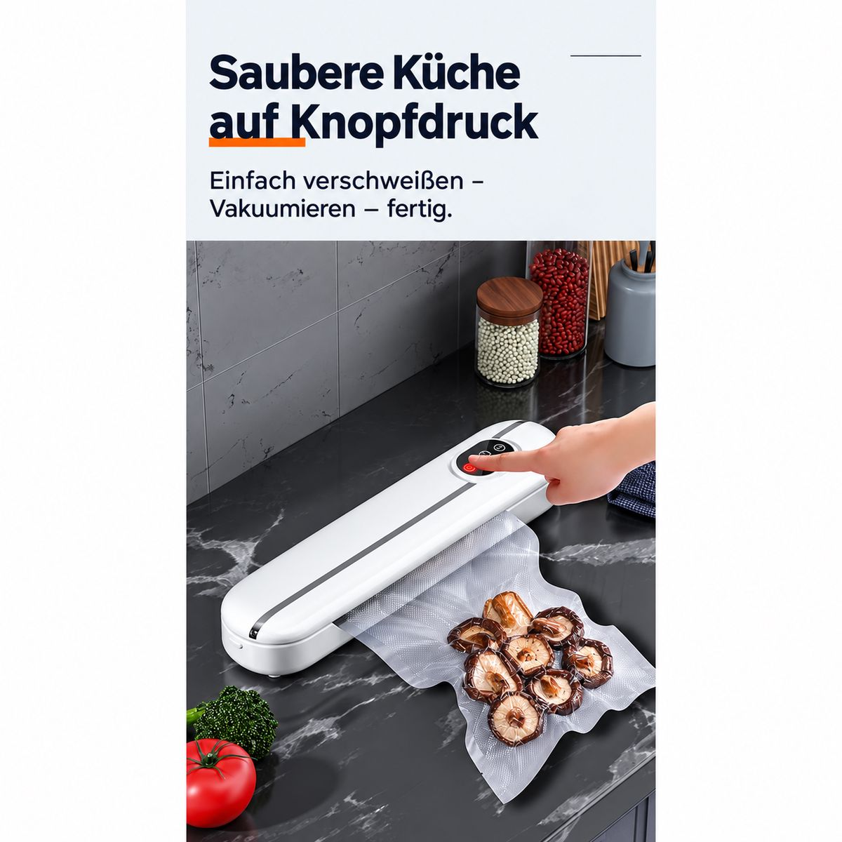 Eine Hand bedient einen weißen Vakuumierer auf einer dunklen Arbeitsplatte, davor Pilze in einem Plastikbeutel.
