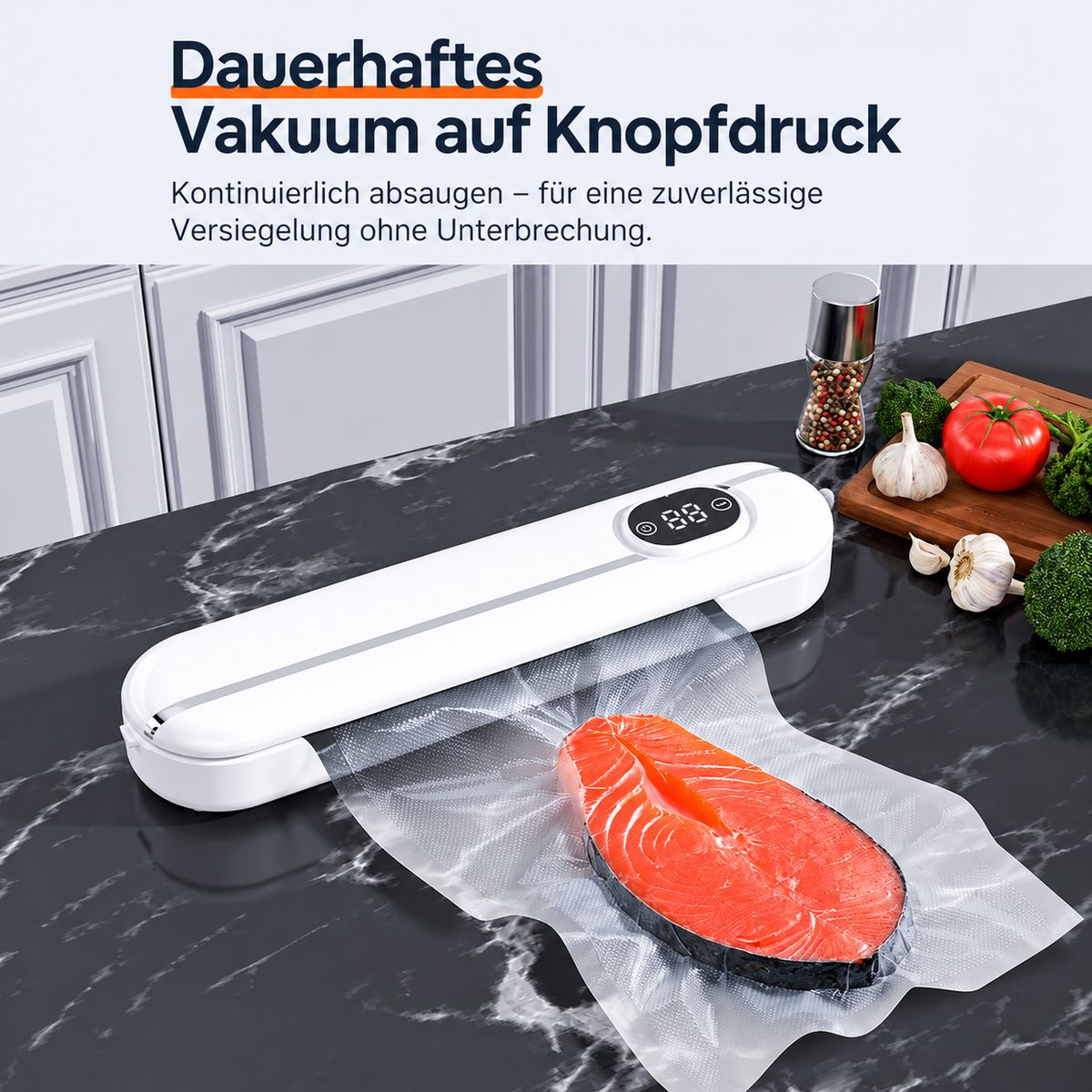Ein weißes Vakuumiergerät versiegelt einen Lachsfilet in einer Plastiktüte auf einer Marmortheke.