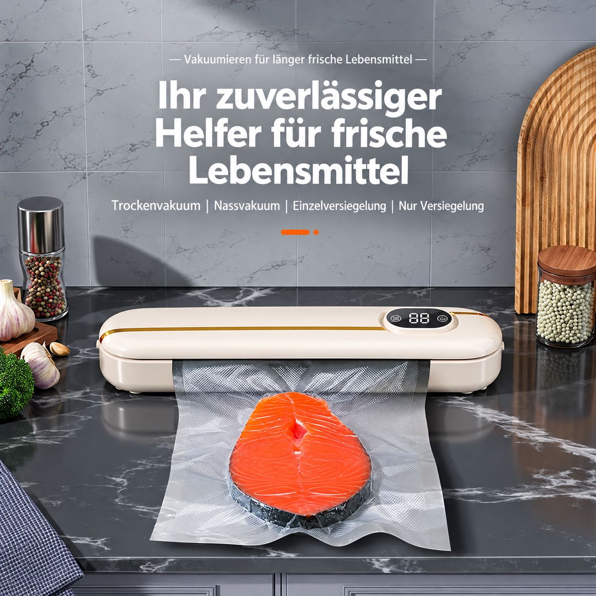 Ein beiges Vakuumiergerät auf Marmorarbeitsplatte versiegelt eine Lachsscheibe in einem Beutel, mit Küchenutensilien.