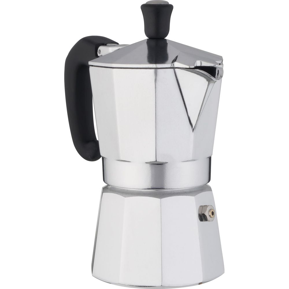 Una classica moka in alluminio argentato con manico e pomello neri su sfondo bianco.