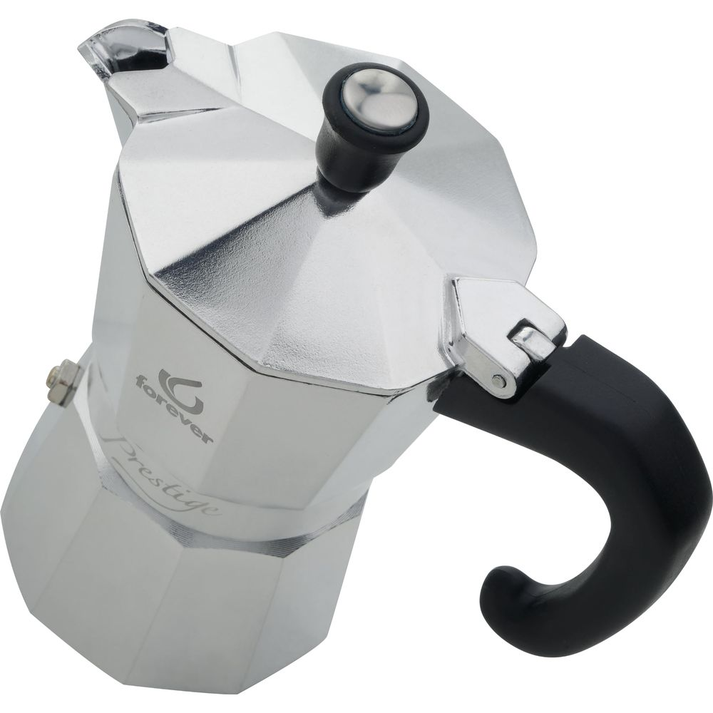 Caffettiera moka argentata lucida con manico e pomolo neri, su sfondo bianco.