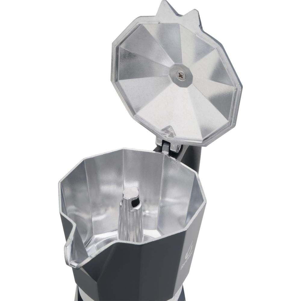Caffettiera moka blu aperta con interno argentato lucido su sfondo bianco.