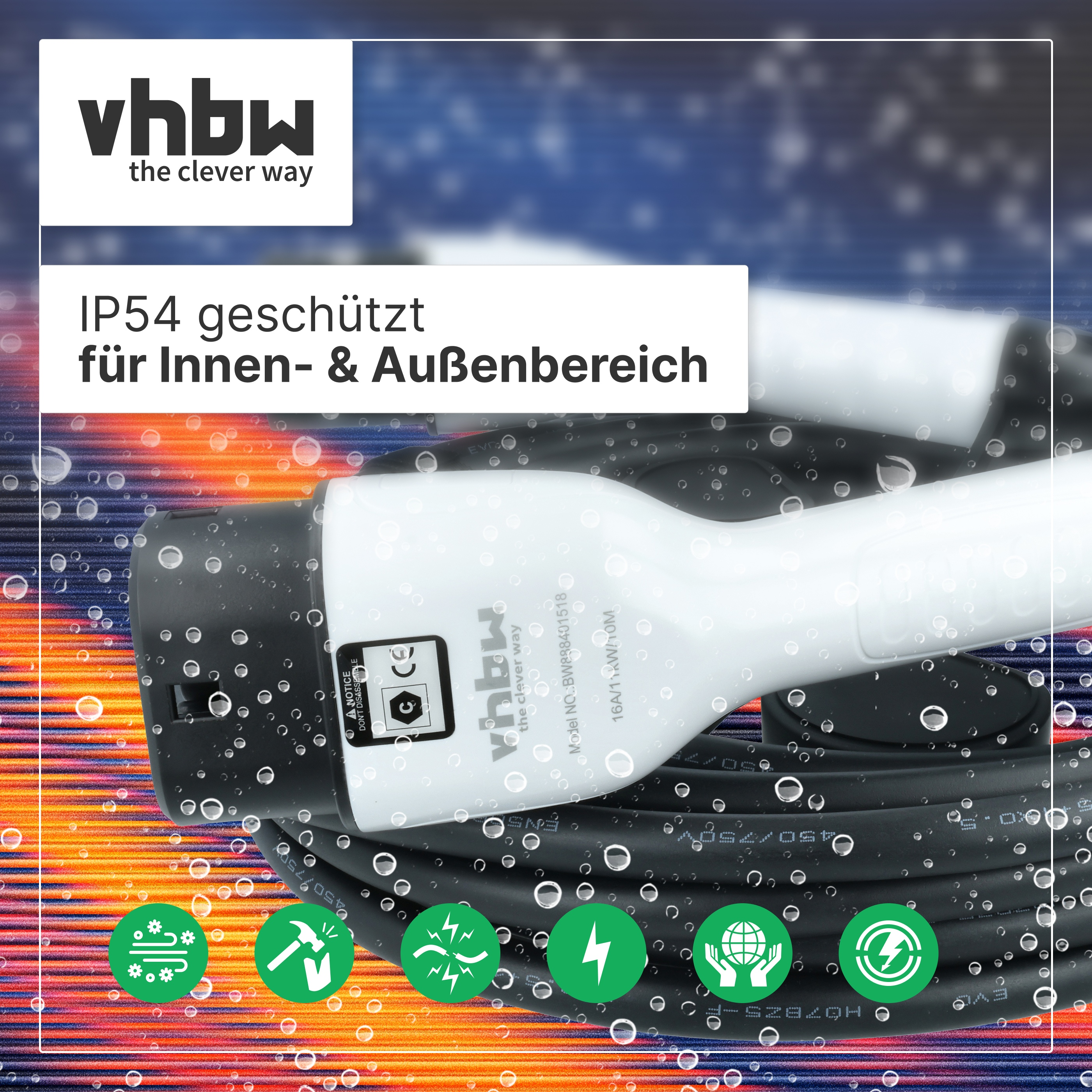 Wasserdichtes EV-Ladekabel mit vhbw-Logo und Symbolen für Wetterbeständigkeit und Sicherheit.