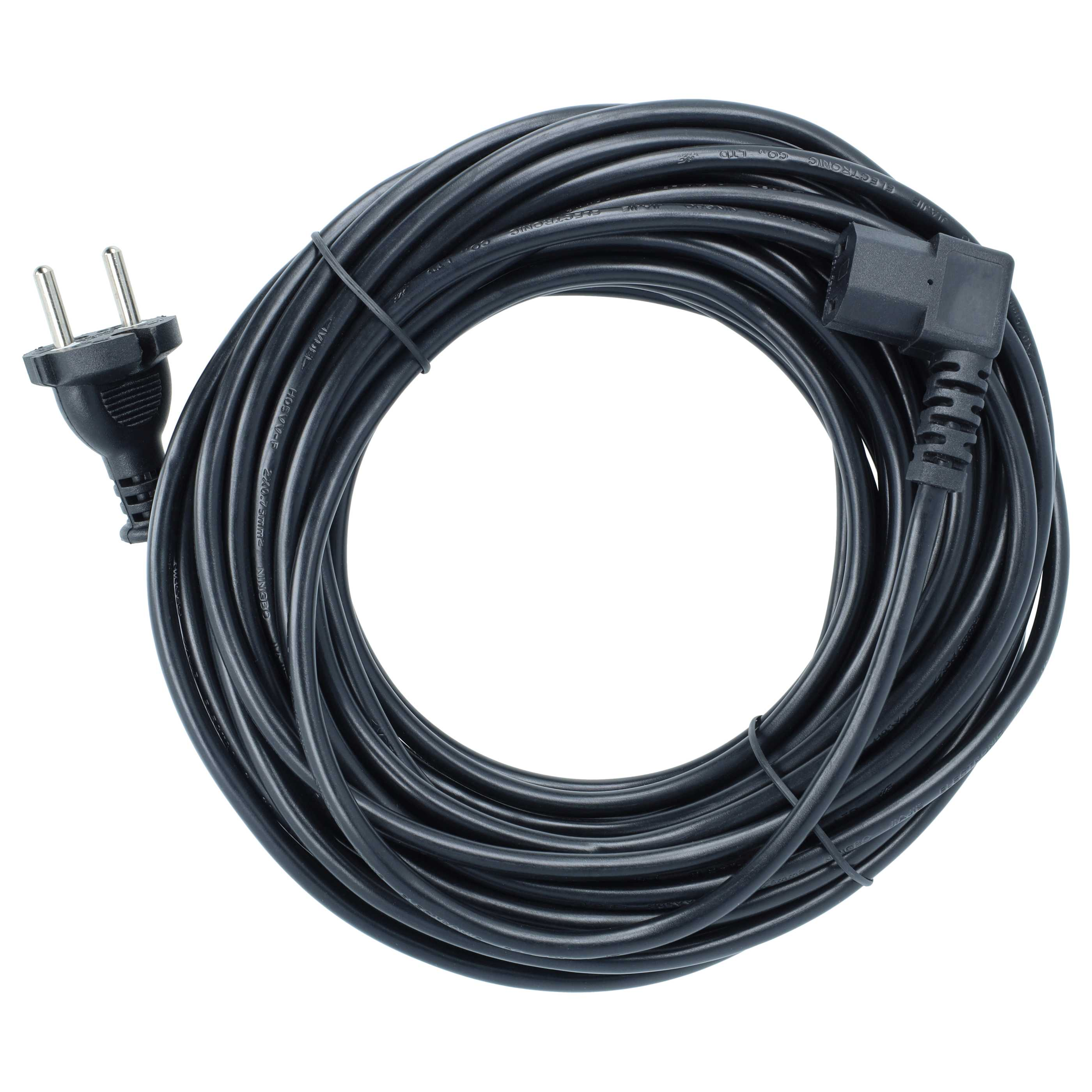 Ein schwarzes Netzkabel ordentlich aufgerollt mit Stecker und Buchse auf weißem Hintergrund.