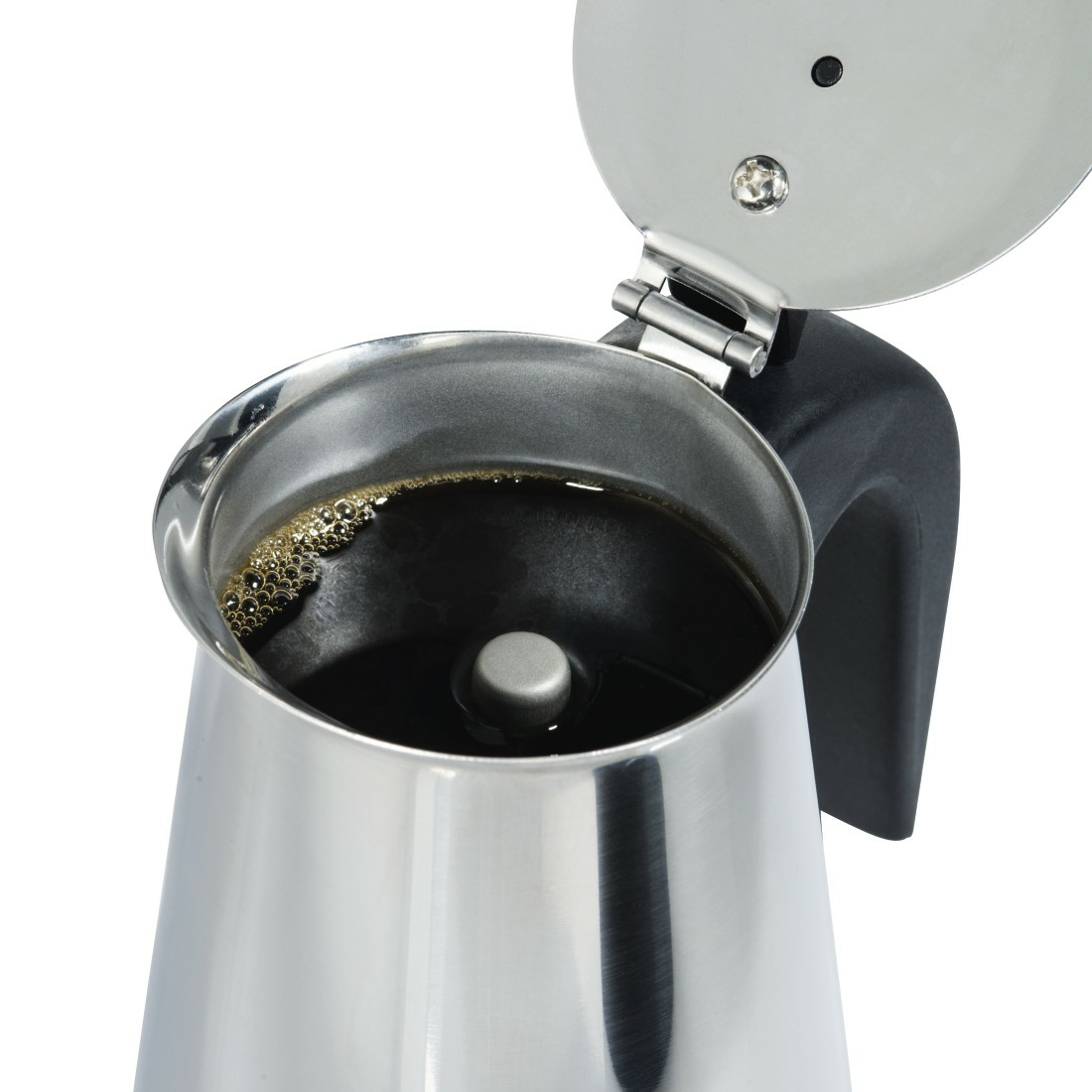 Caffettiera in acciaio inossidabile con coperchio aperto e caffè fresco.