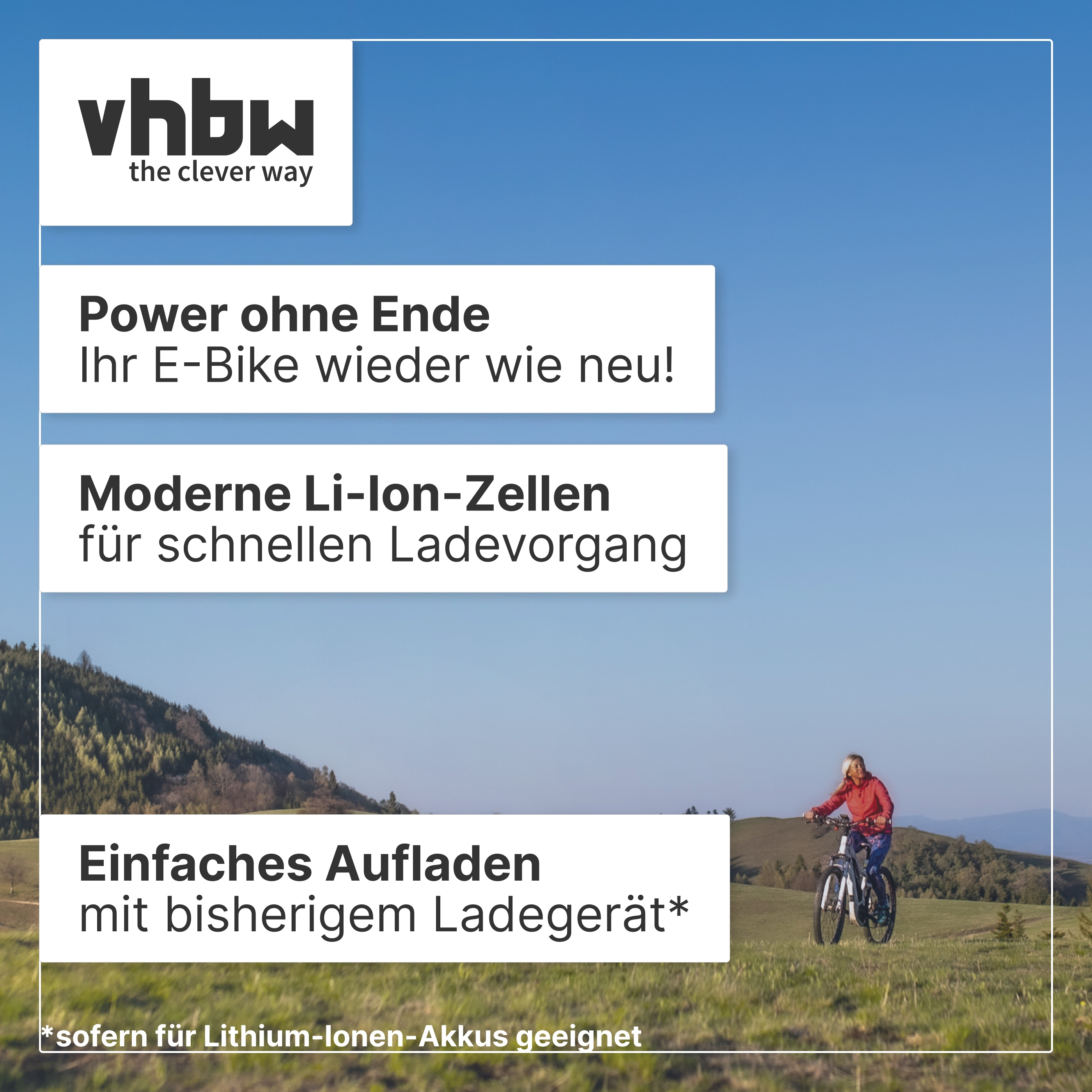 Werbebild für E-Bike-Akkus von vhbw mit Texten auf weiße Flächen und einer Radfahrerin vor hügeliger Landschaft.