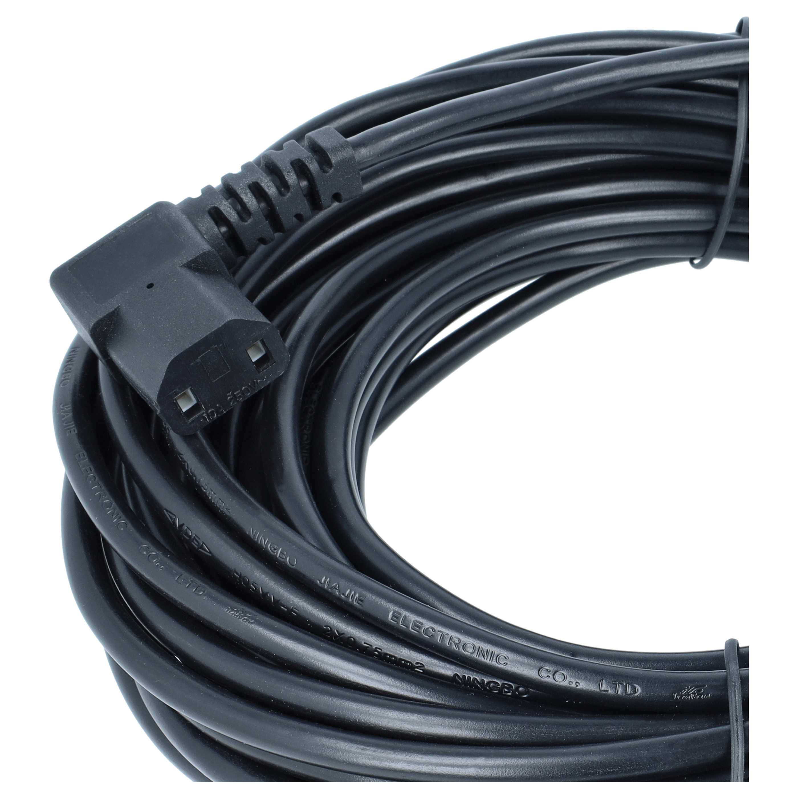 Aufgerolltes schwarzes Netzkabel mit einem rechtwinkligen Stecker auf weißem Hintergrund.