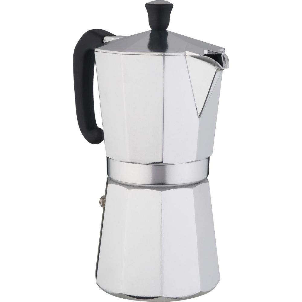 Una caffettiera moka argentata con manico e pomello neri su sfondo bianco.