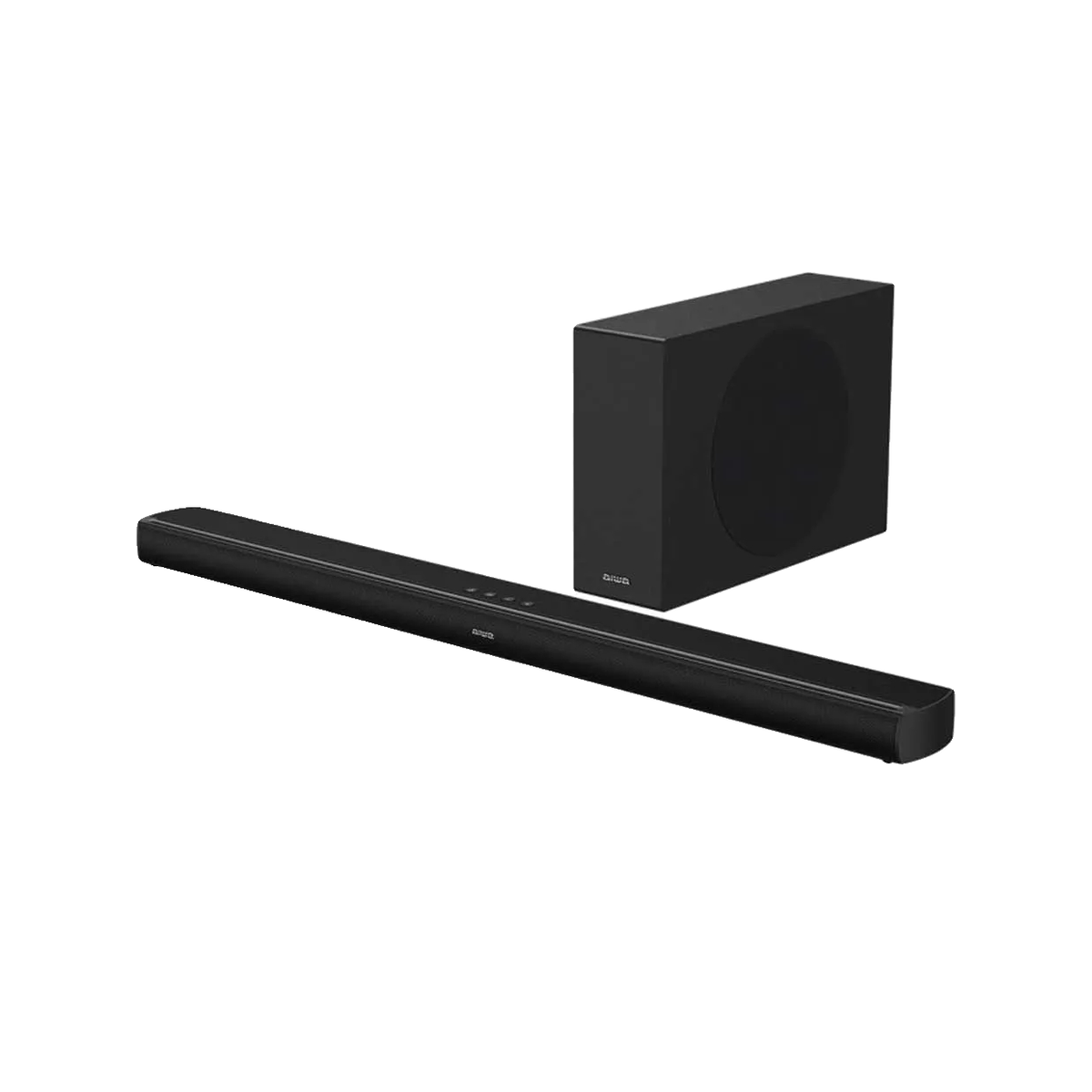 Eine schwarze Soundbar und ein passender Subwoofer vor weißem Hintergrund.