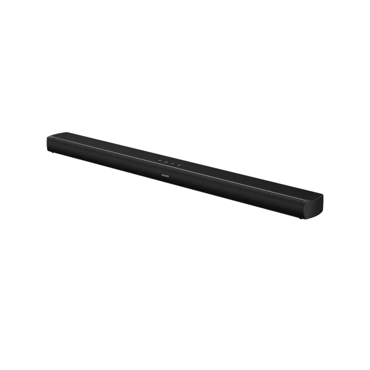Eine schlanke, schwarze Soundbar auf weißem Hintergrund.