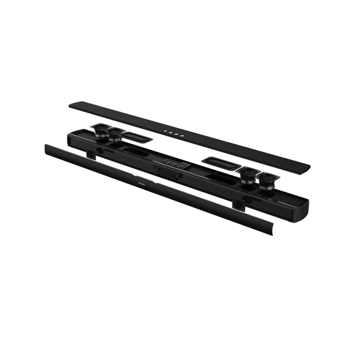 Explosionsdarstellung einer schwarzen Soundbar mit internen Lautsprechern und abgenommenen Gehäuseteilen.