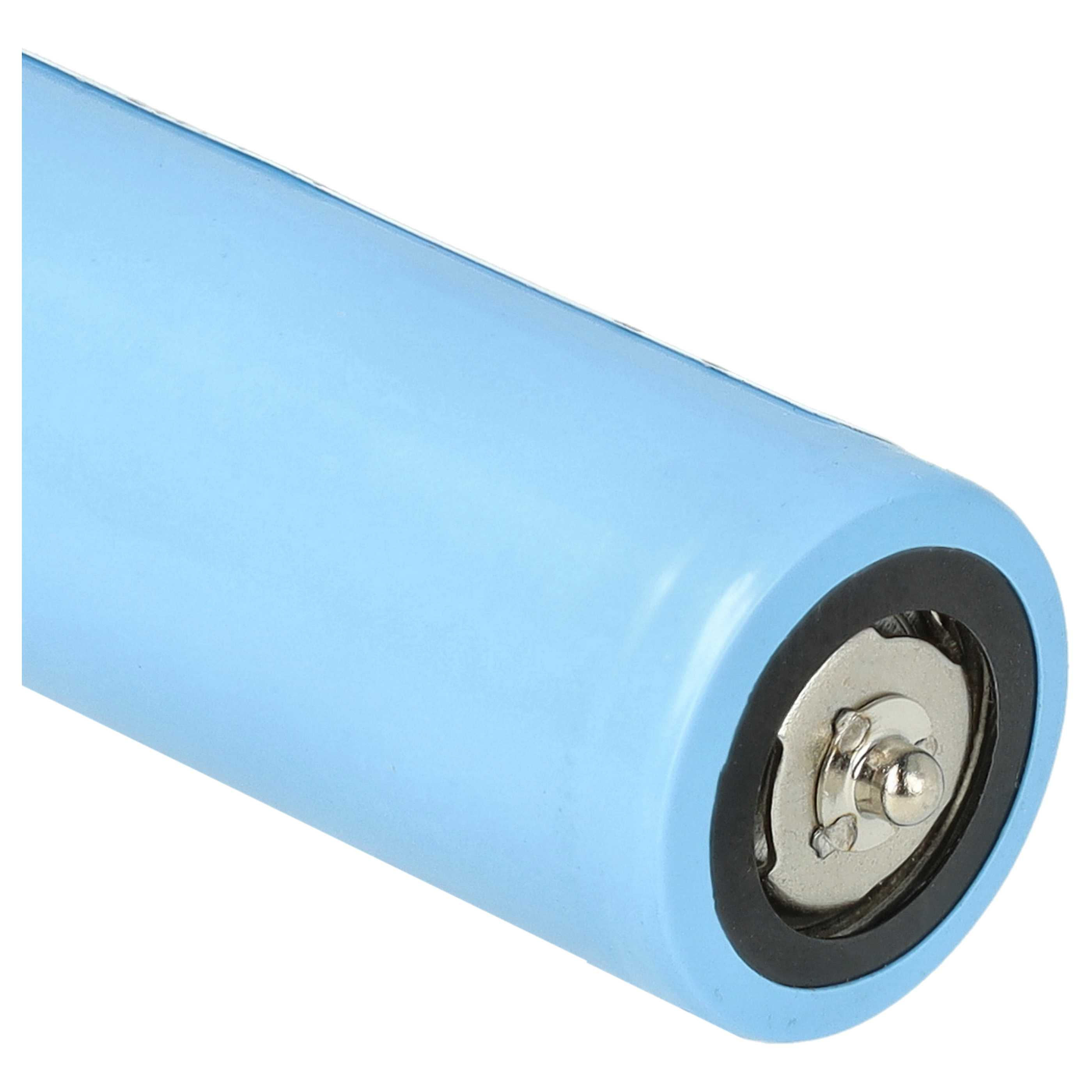 Eine Nahaufnahme des blauen zylindrischen Batteriekörpers mit einem hervorstehenden Pluspol aus Metall.