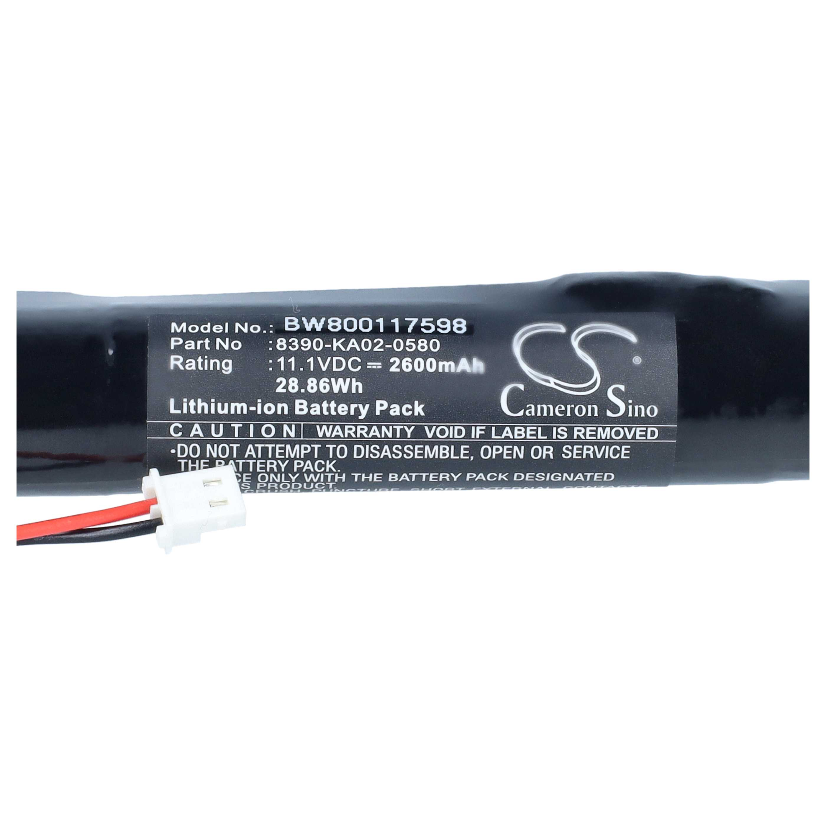 Ein schwarzer Cameron Sino Lithium-Ionen-Akku mit weißer Aufschrift und einem roten und schwarzen Kabel mit Stecker.