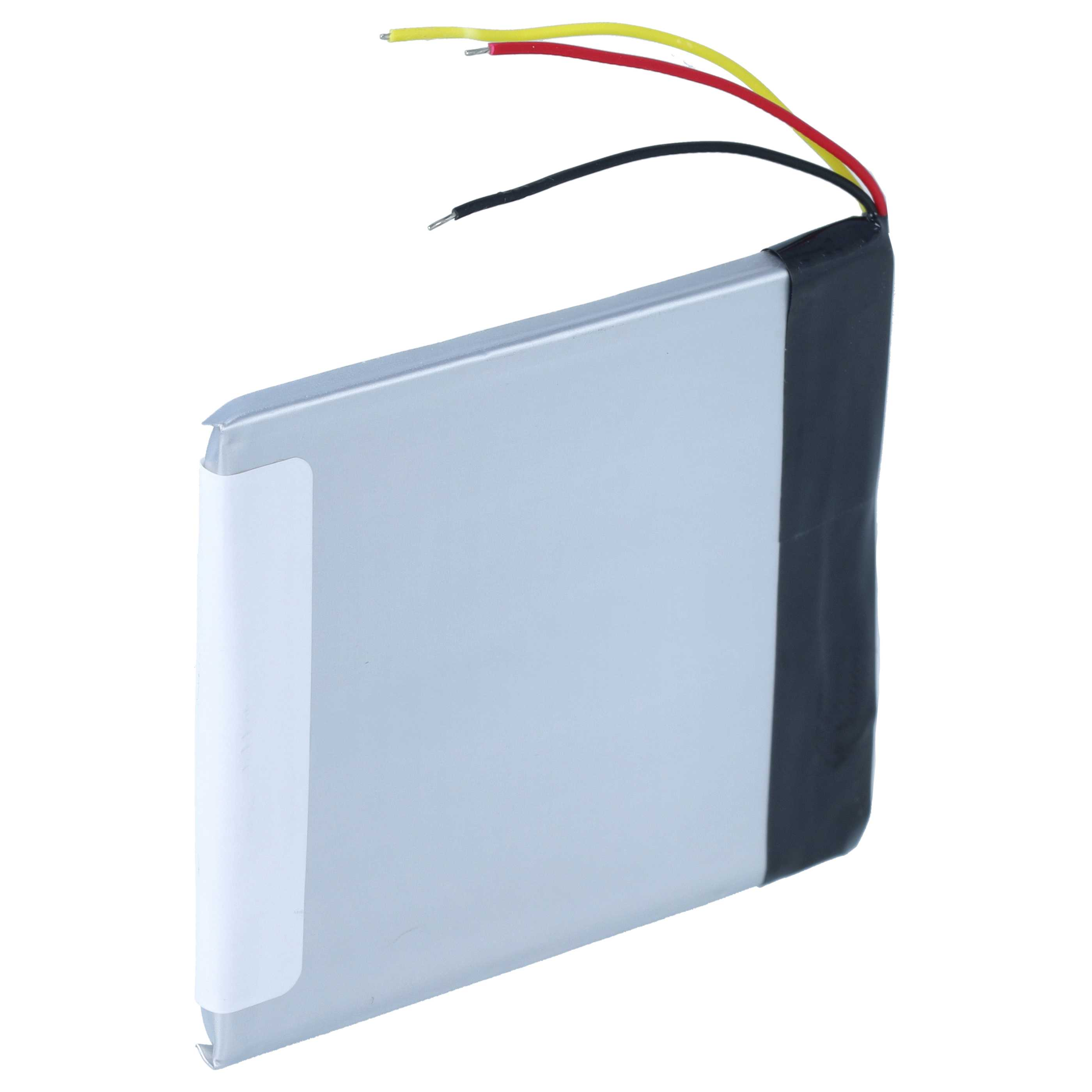 Eine rechteckige, silberne Lithium-Polymer-Batterie mit drei farbigen Drähten (schwarz, rot, gelb).