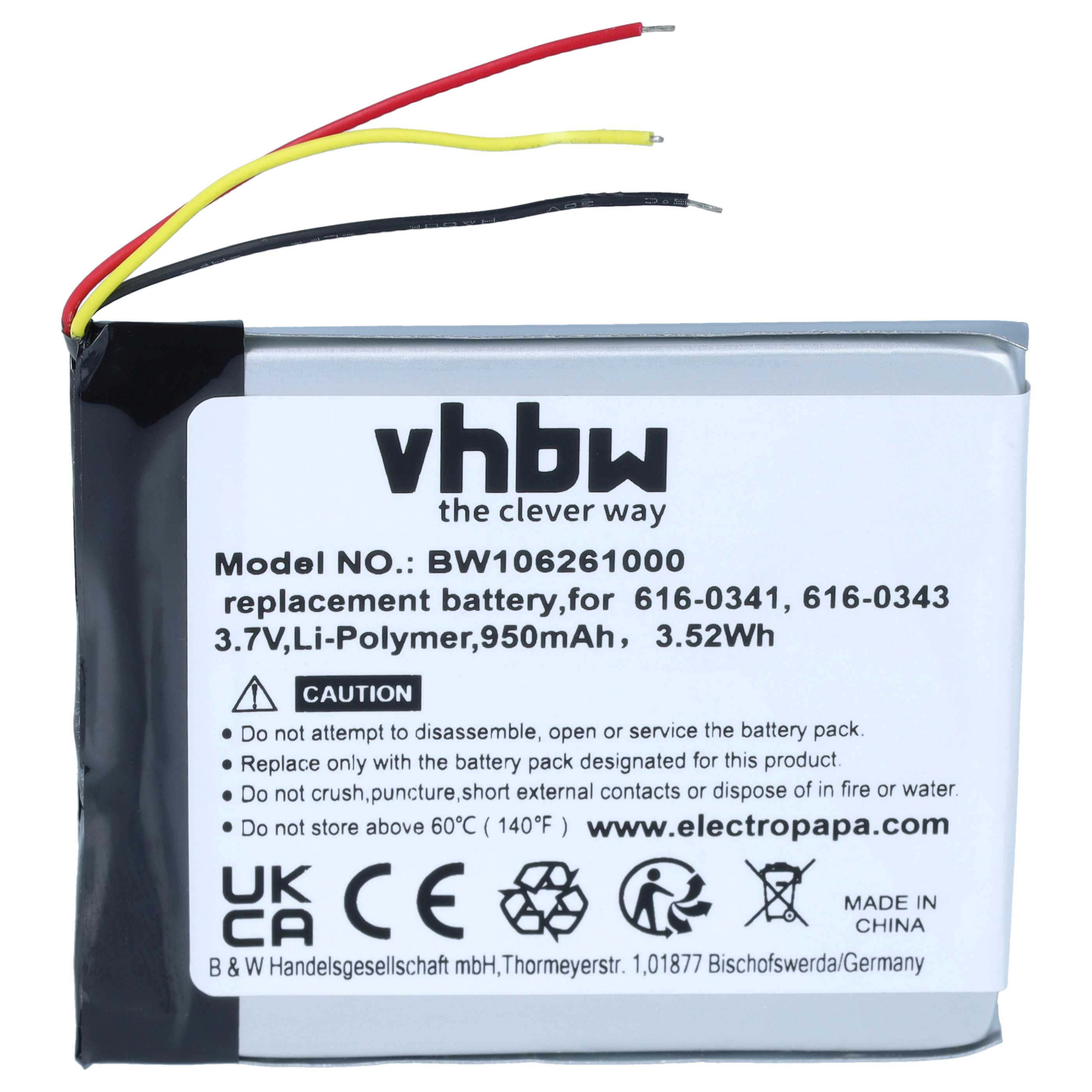 Li-Polymer-Ersatzakku mit vhbw-Logo und drei farbigen Anschlusskabeln.
