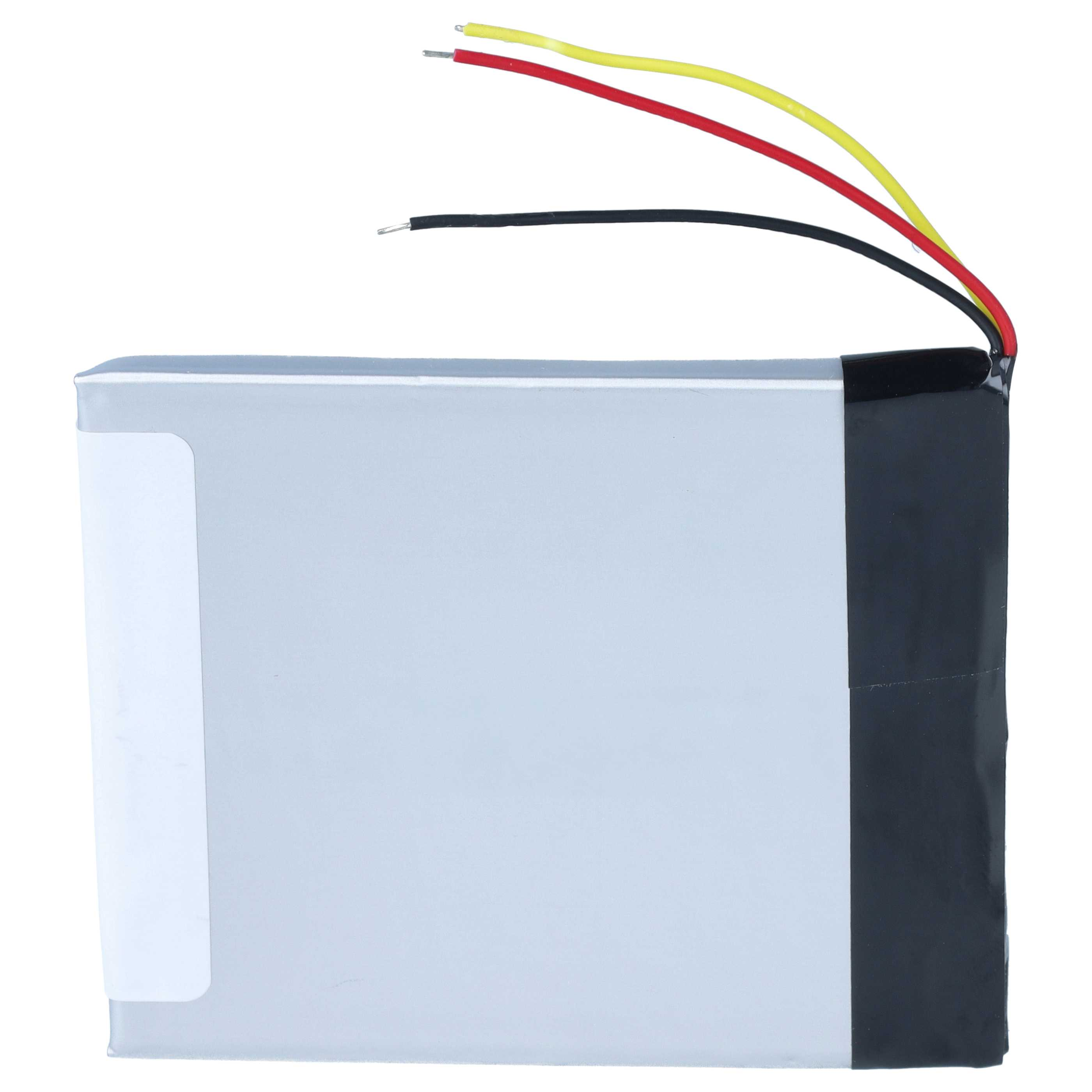 Ein rechteckiger, silberner Lithium-Polymer-Akku mit drei freiliegenden Kabeln in Gelb, Rot und Schwarz vor weißem Hintergrund.