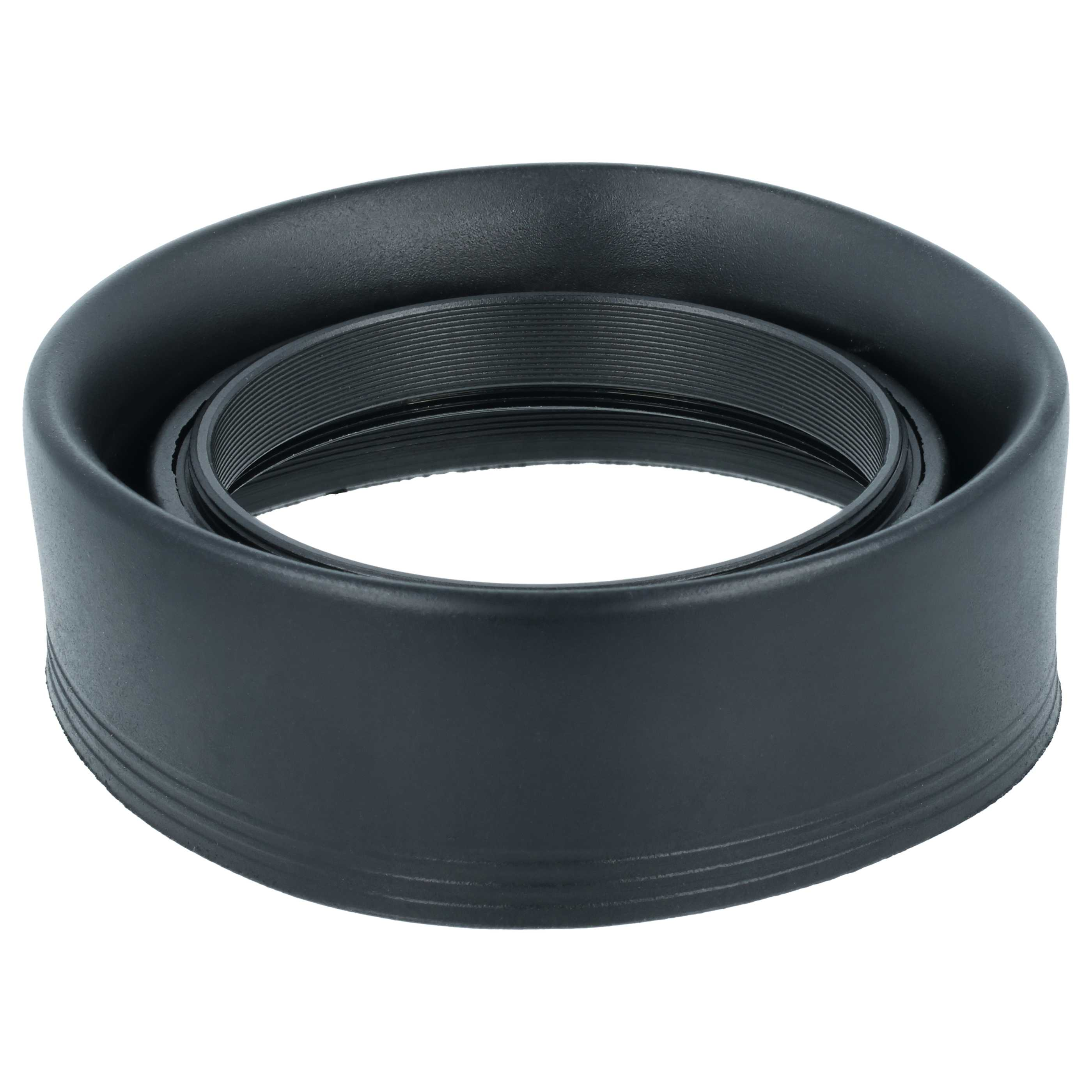 Eine schwarze Kamera-Gegenlichtblende aus Gummi mit Gewinderingen vor weißem Hintergrund.