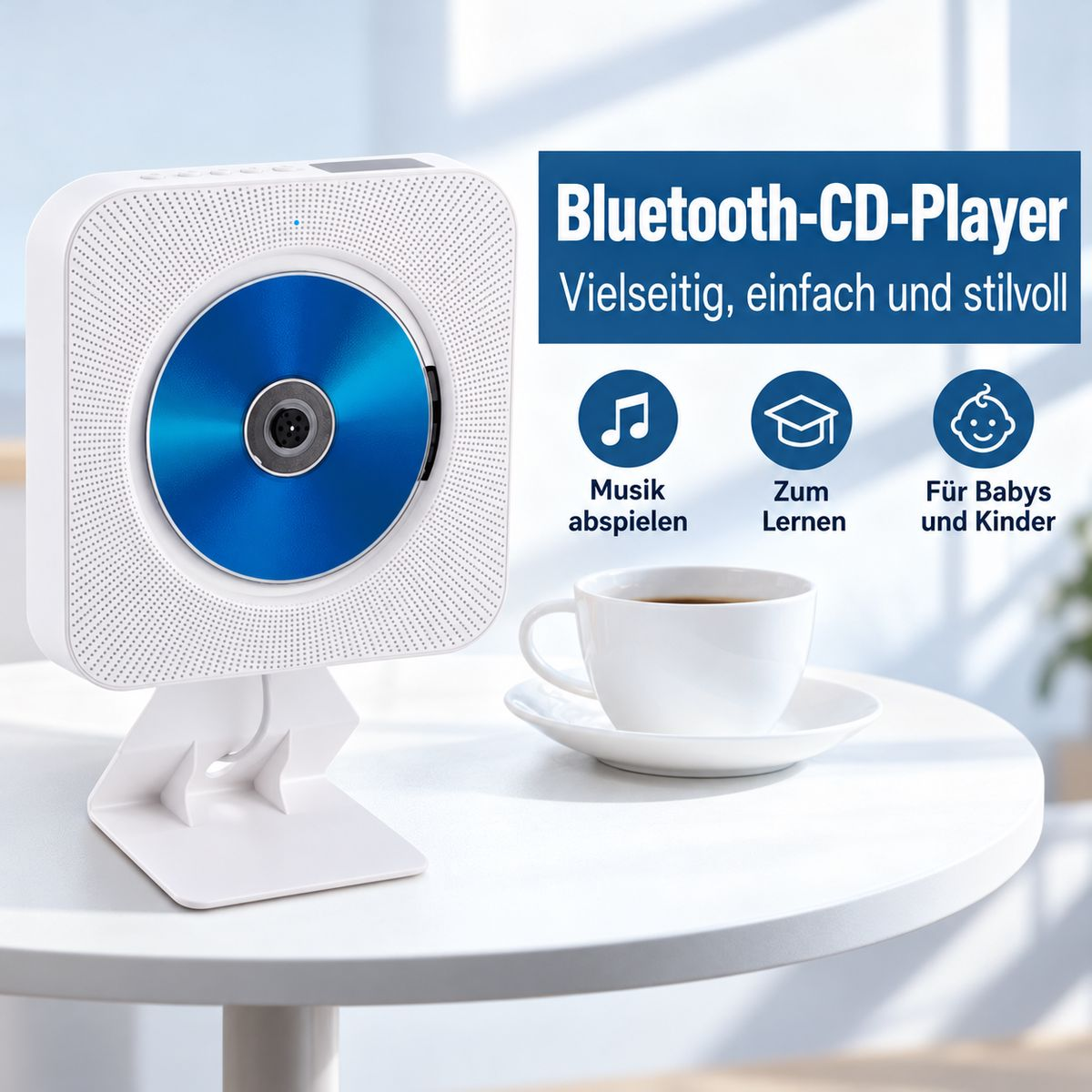 Weißer Bluetooth-CD-Player auf Ständer mit blauer CD und Kaffeetasse auf weißem Tisch.