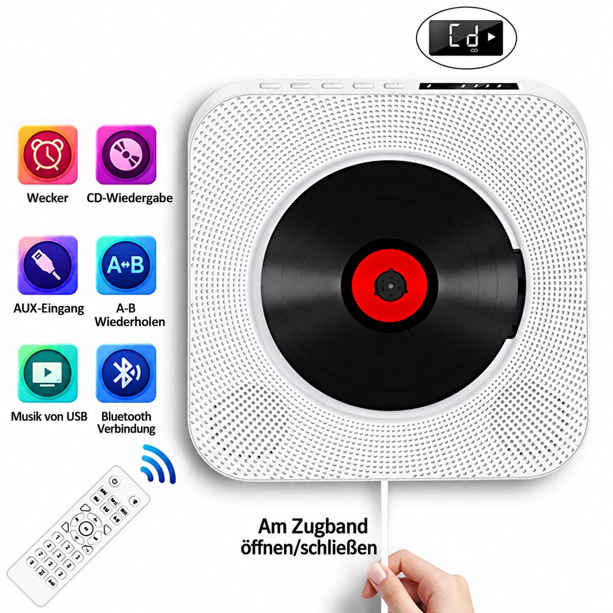 Weißer CD-Player mit Fernbedienung und Funktionssymbolen für Wecker, Bluetooth und USB.