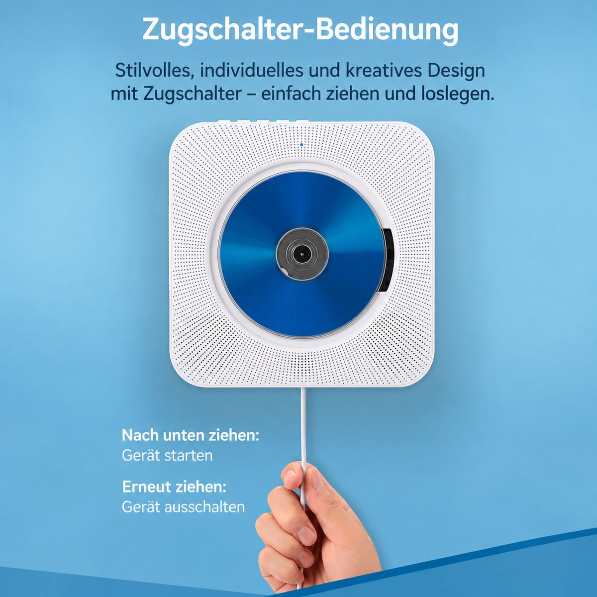 Eine Hand zieht an dem Kabel eines weißen CD-Players mit blauer CD auf blauem Hintergrund.