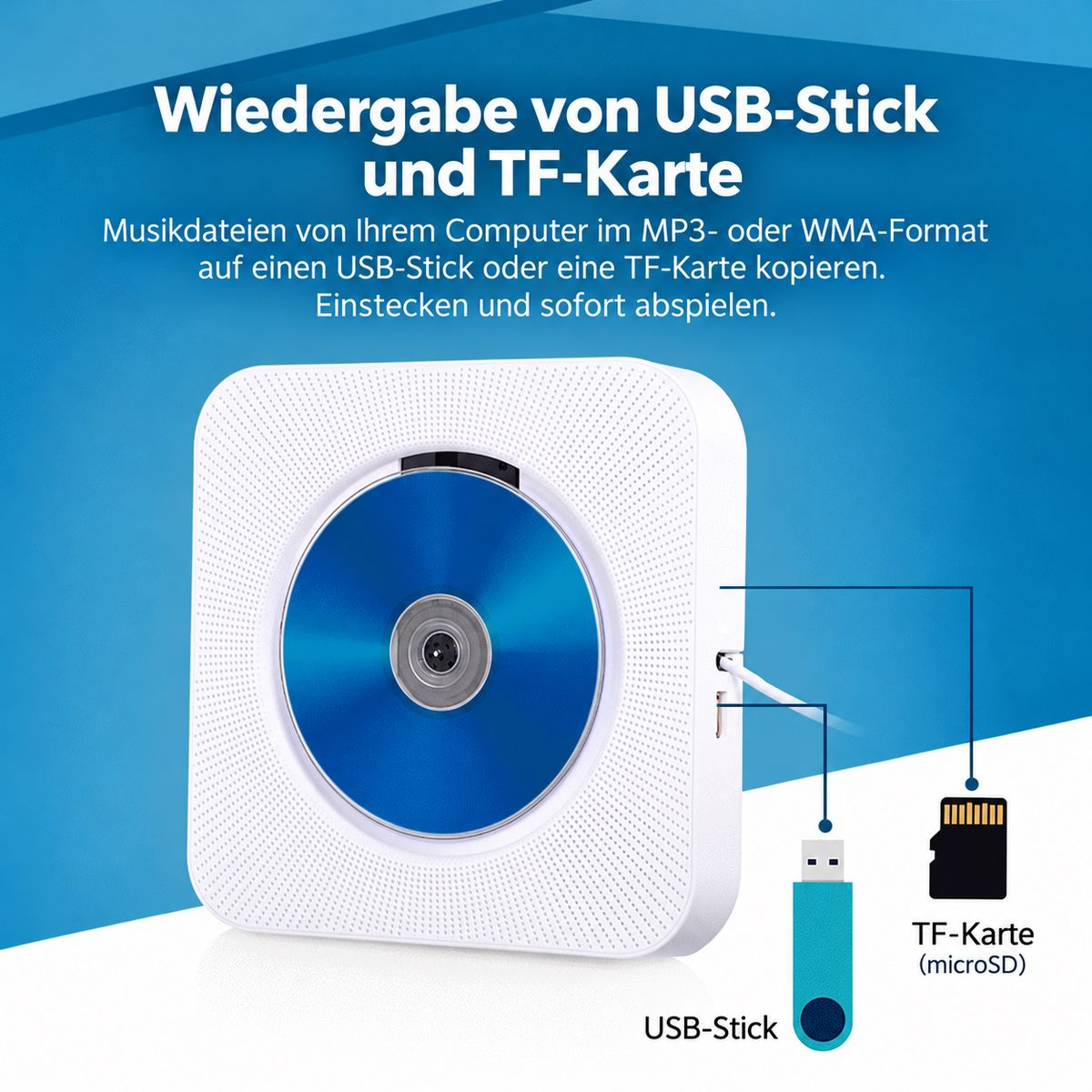 Weißes CD-Gerät vor blauem Hintergrund mit USB- und TF-Karten-Anschluss.