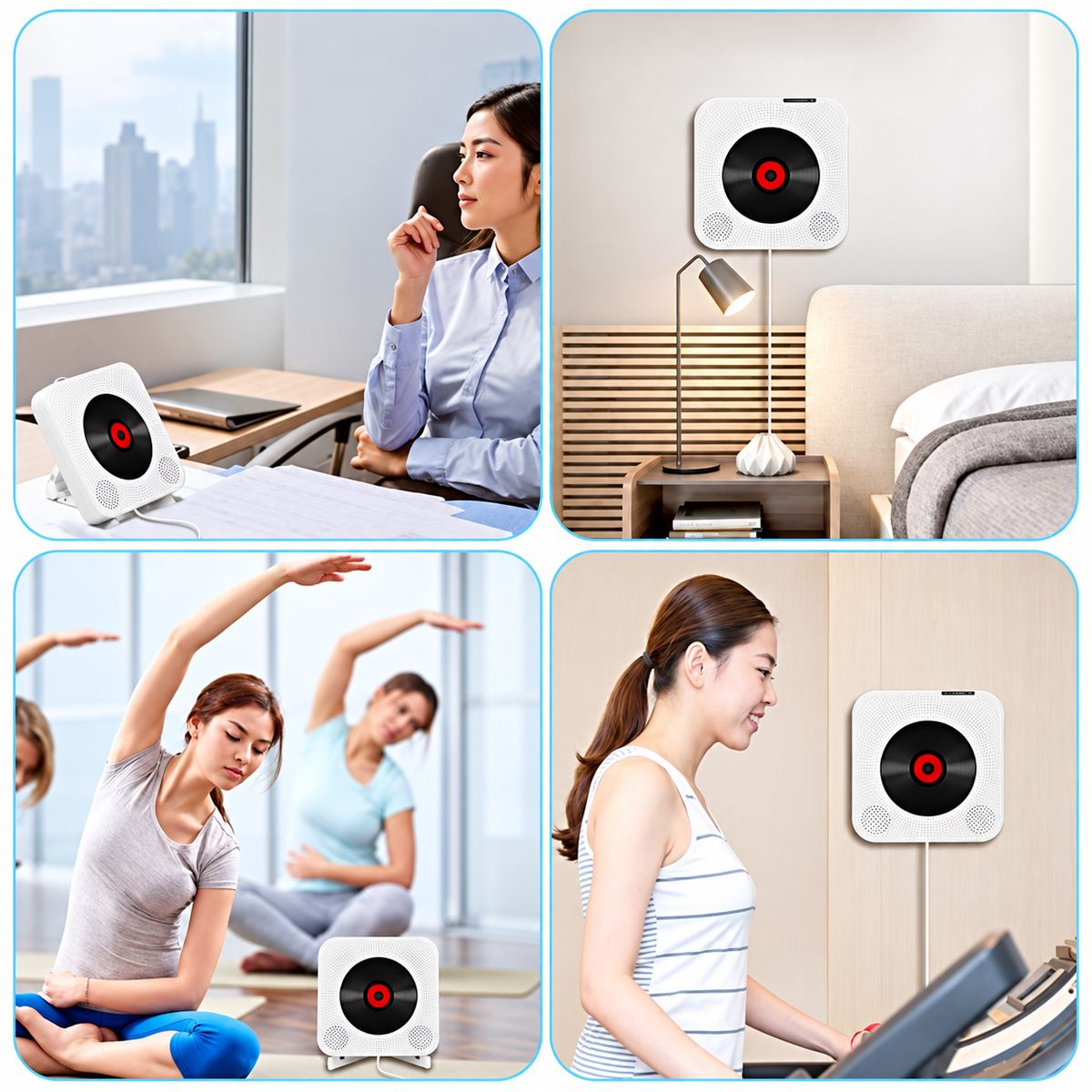 Vier Bilder zeigen einen weißen CD-Player in verschiedenen Umgebungen wie Büro, Schlafzimmer, Yoga-Studio und Fitnessraum.