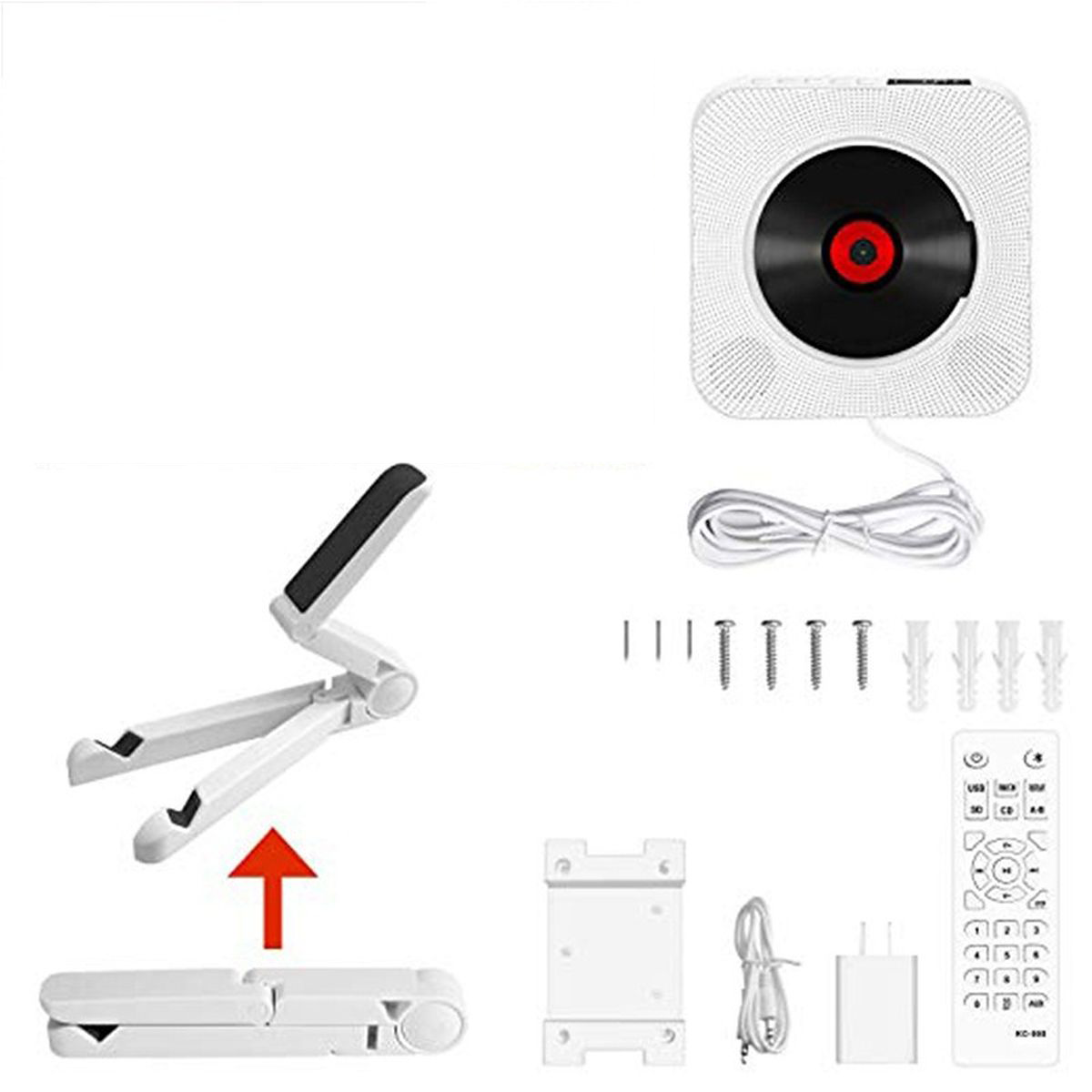 Weißer Wand-CD-Player mit Ständer, Fernbedienung, Kabeln, Schrauben und Netzteil auf weißem Hintergrund.