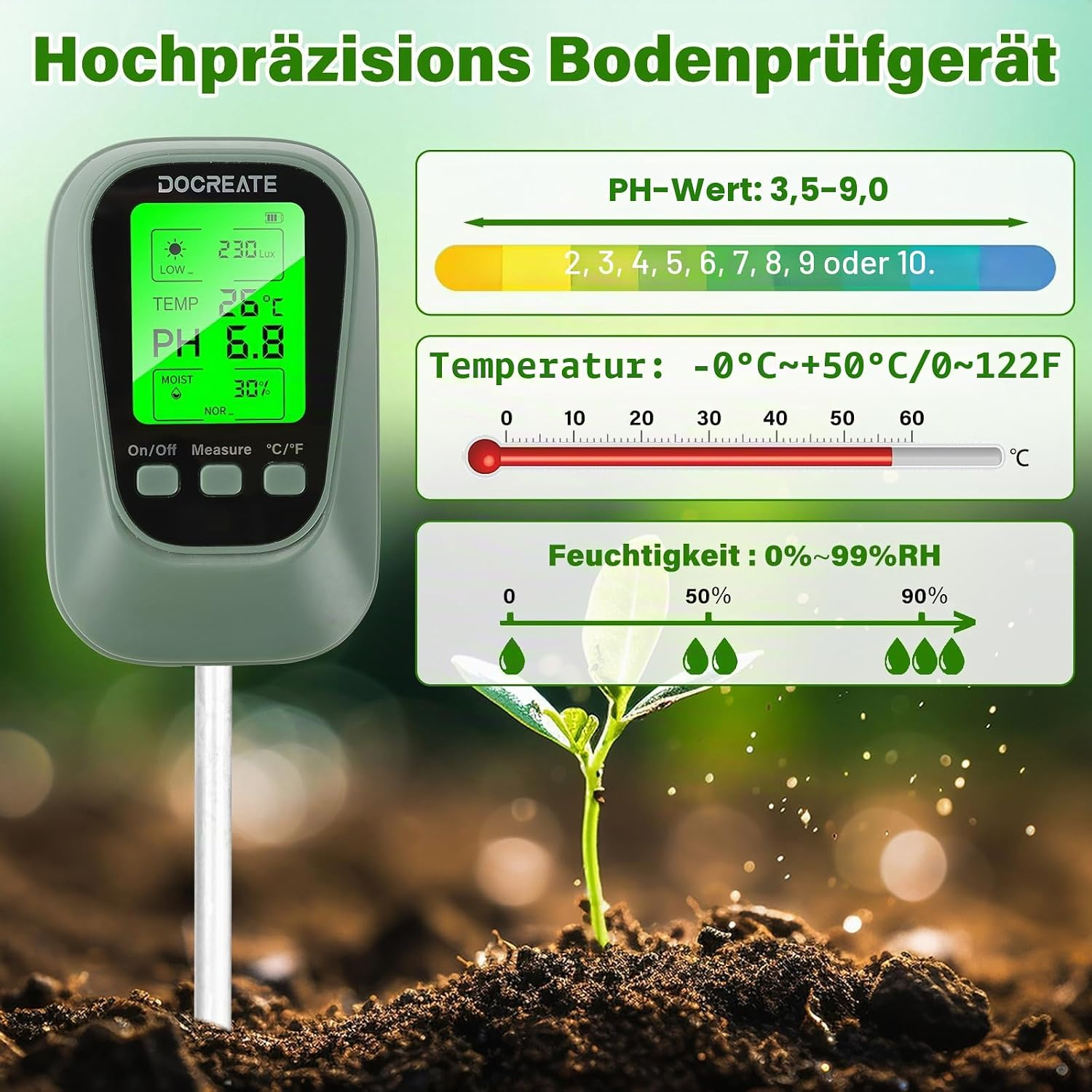 Ein Bodentester in dunkler Erde mit grünem Display zeigt pH-, Temperatur- und Feuchtigkeitswerte vor verschwommenem Hintergrund.