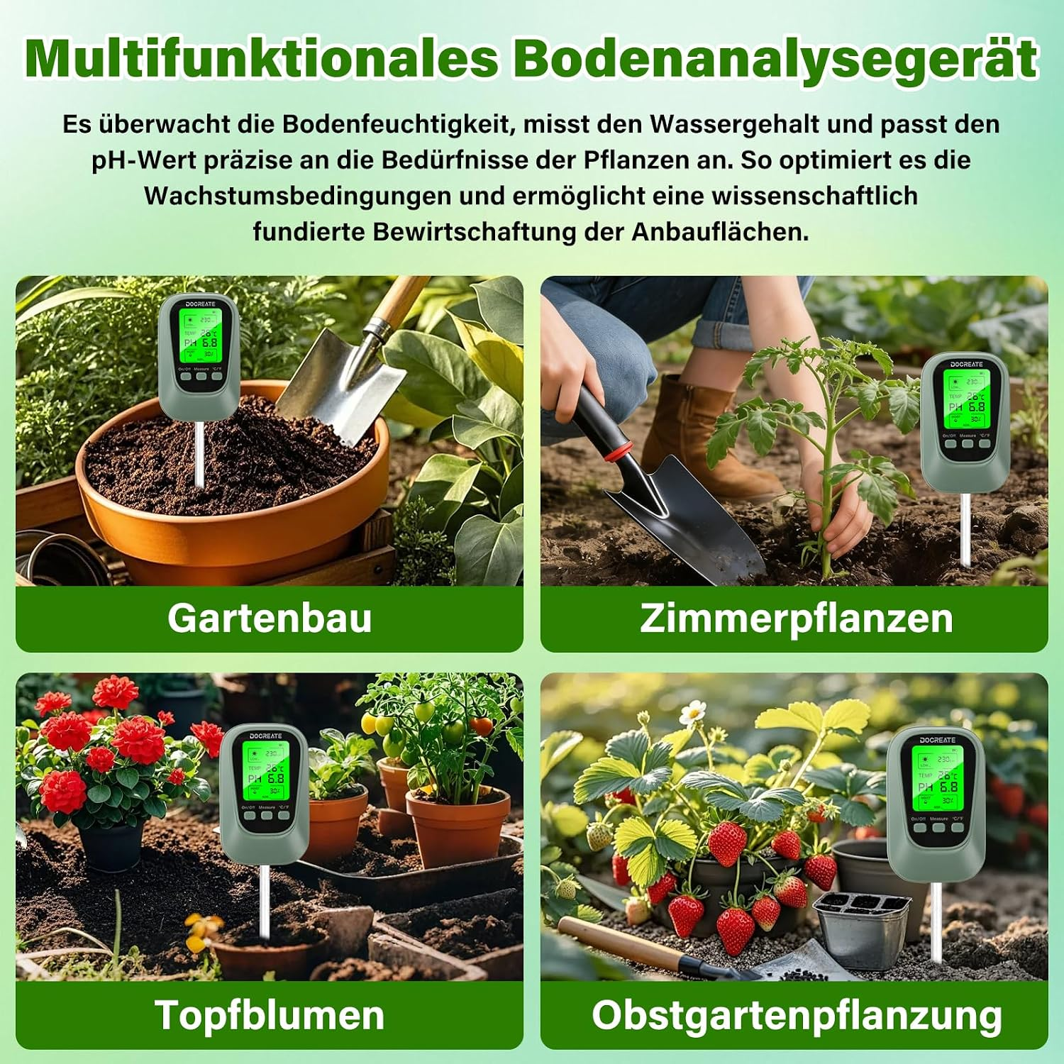Ein multifunktionales Bodenanalysegerät misst Feuchtigkeit, pH-Wert und Temperatur in verschiedenen Gärten.